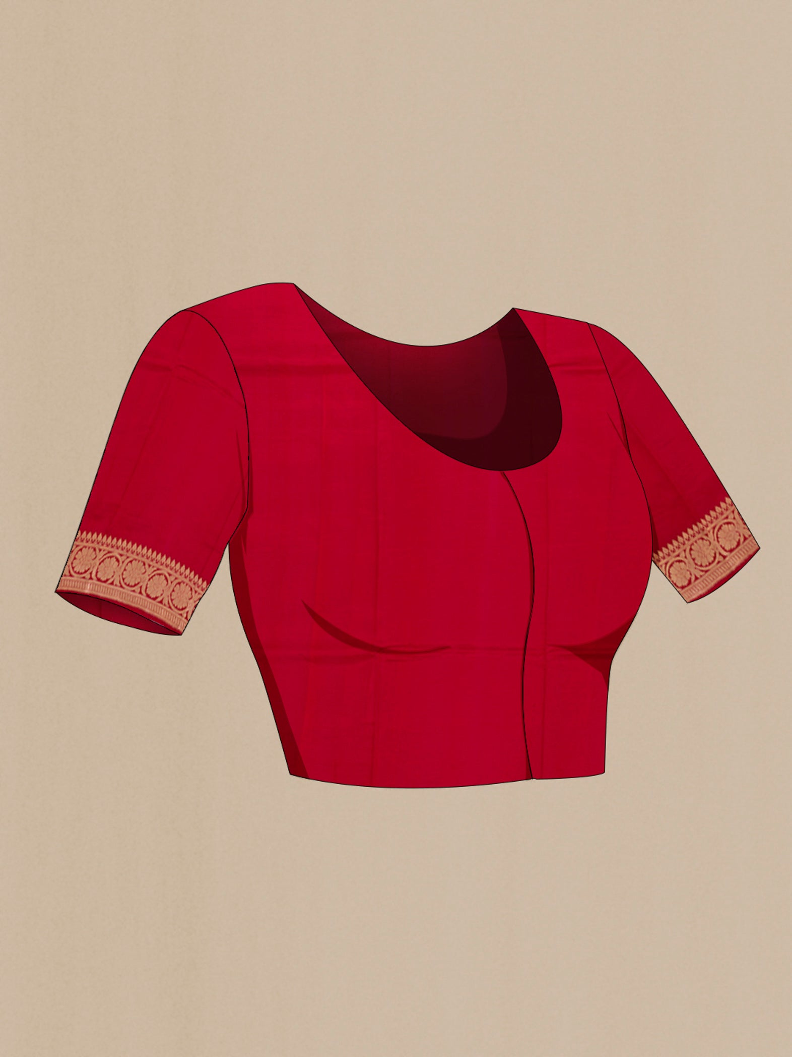 Close up image of the blouse of Red Banarasi Katan Silk Saree with Zari Butta on the body and Fancy Border. 
