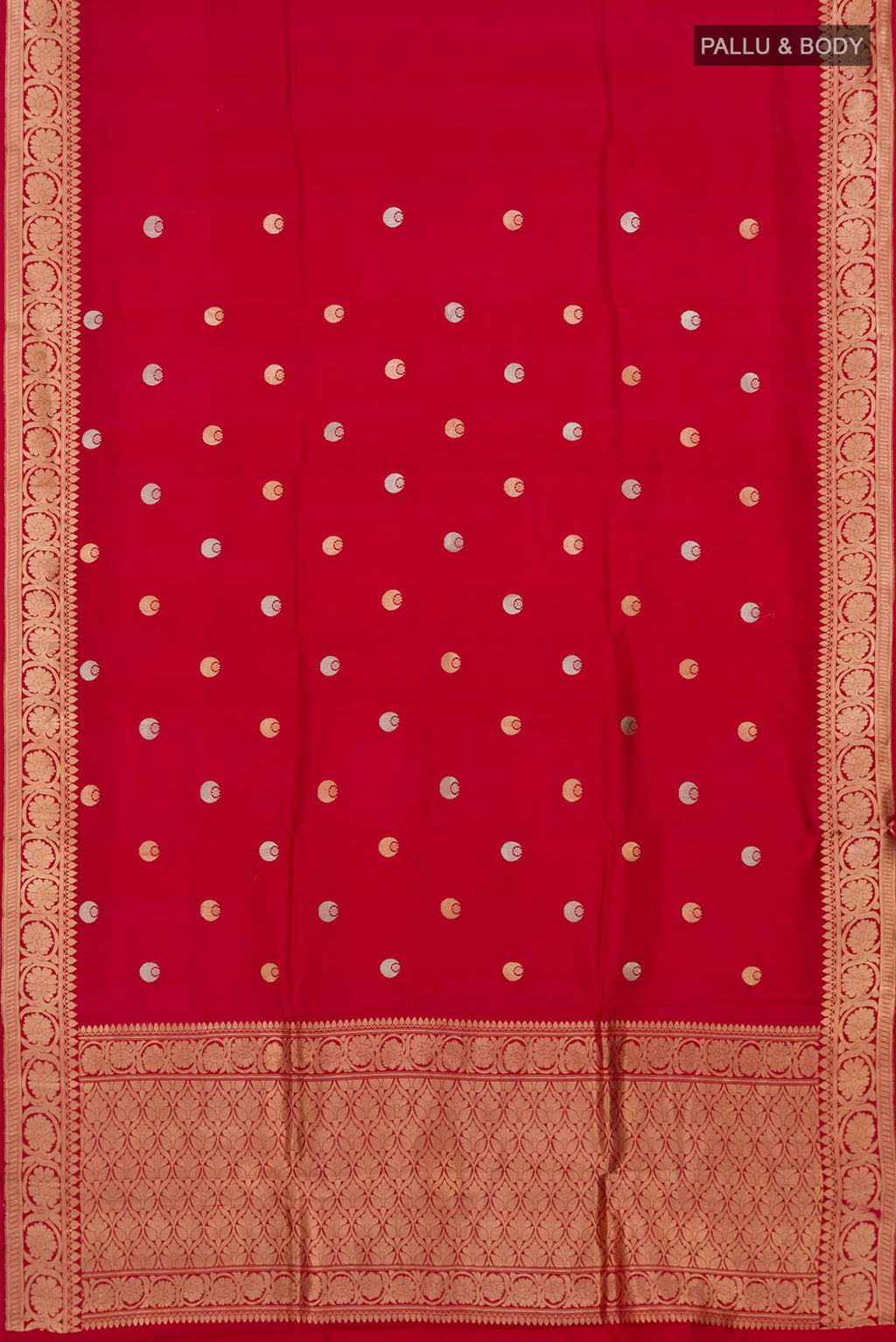 Flat view of Red Banarasi Katan Silk Saree with Zari Butta on the body and Fancy Border. 