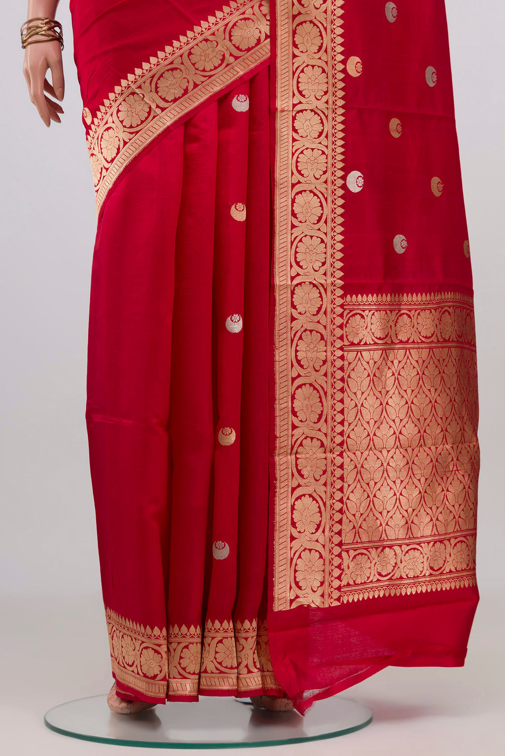 Pleats and pallu of Red Banarasi Katan Silk Saree with Zari Butta on the body and Fancy Border. 