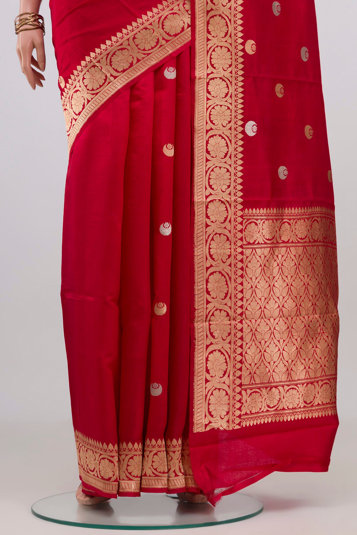 Pleats and pallu of Red Banarasi Katan Silk Saree with Zari Butta on the body and Fancy Border. 