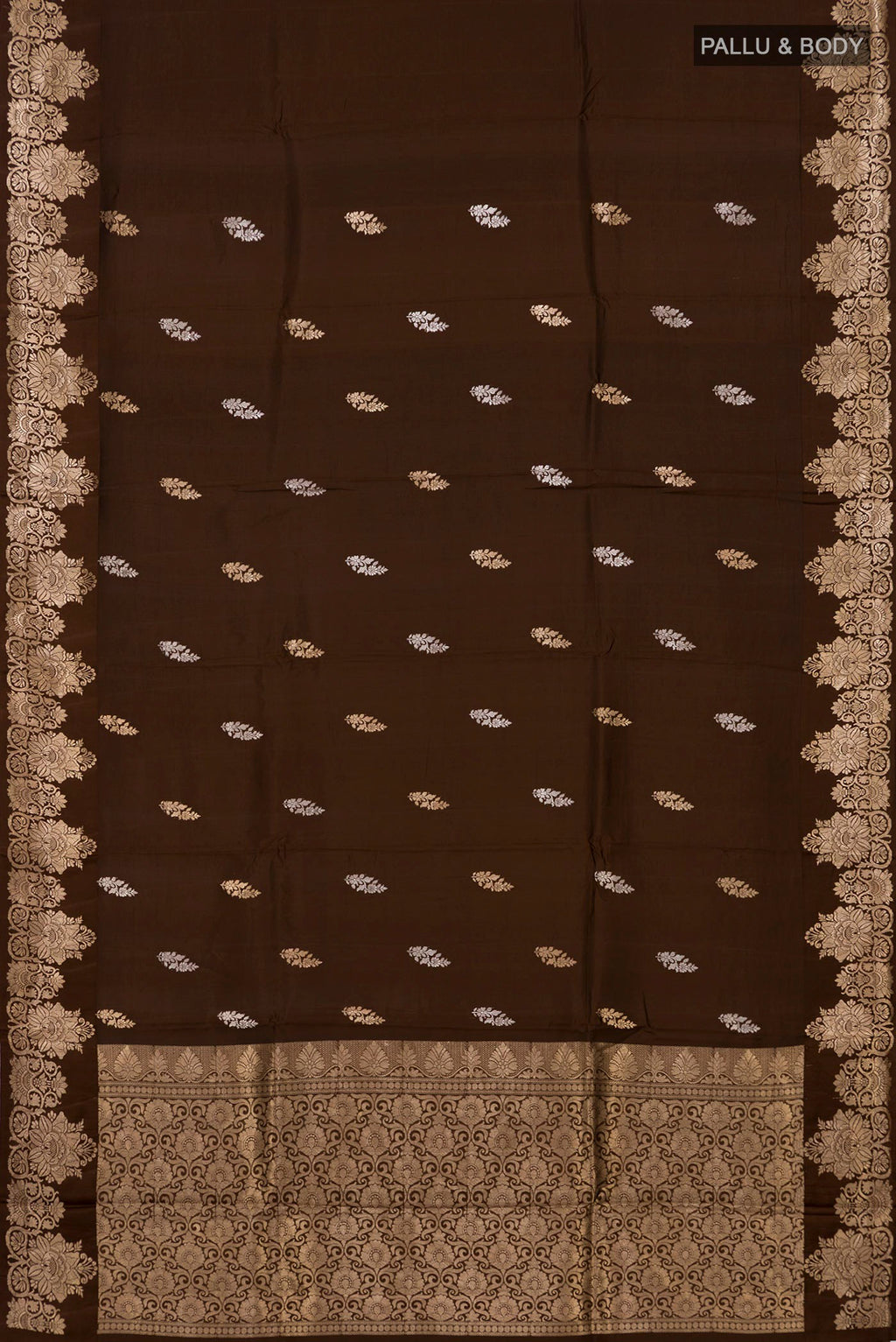 Flat view of Brown Banarasi Katan Silk Saree with Zari Butta on the body and Zari Border. 