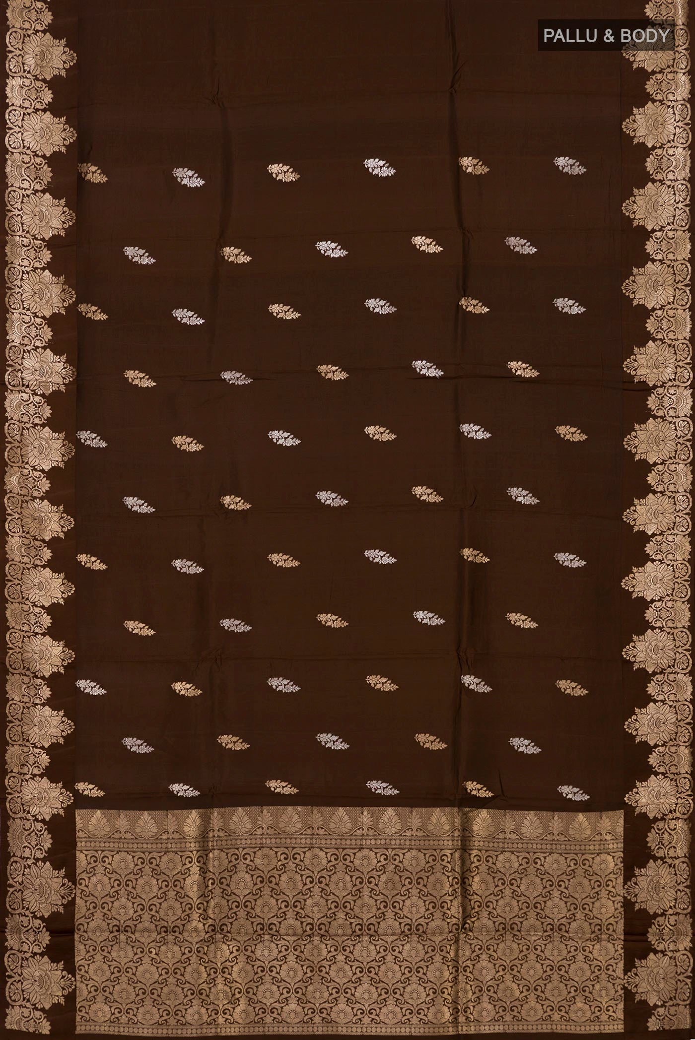 Flat view of Brown Banarasi Katan Silk Saree with Zari Butta on the body and Zari Border. 
