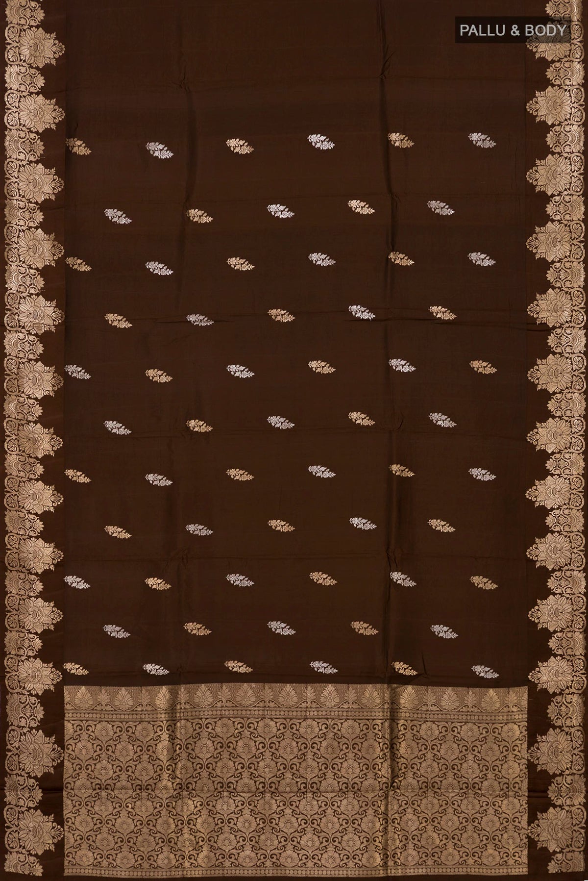 Flat view of Brown Banarasi Katan Silk Saree with Zari Butta on the body and Zari Border. 