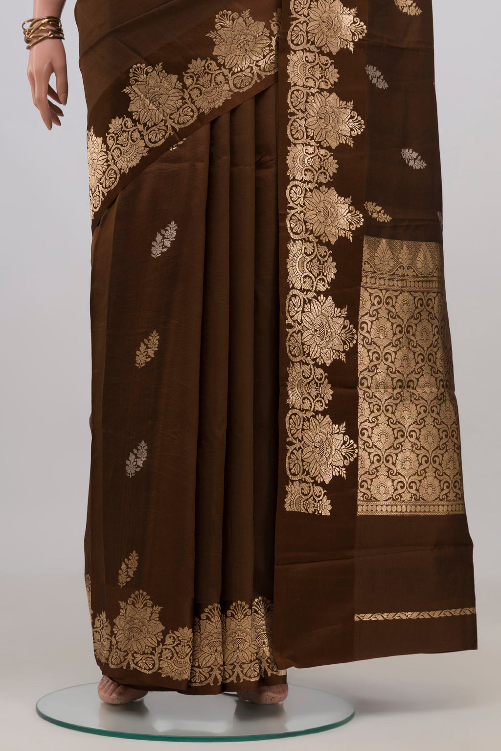 Pleats and pallu of Brown Banarasi Katan Silk Saree with Zari Butta on the body and Zari Border. 