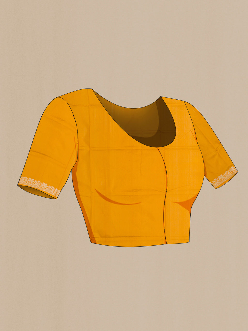 Close up image of the blouse of Yellow Banarasi Katan Silk Saree with Thread Butta on the body and Thread Border. 