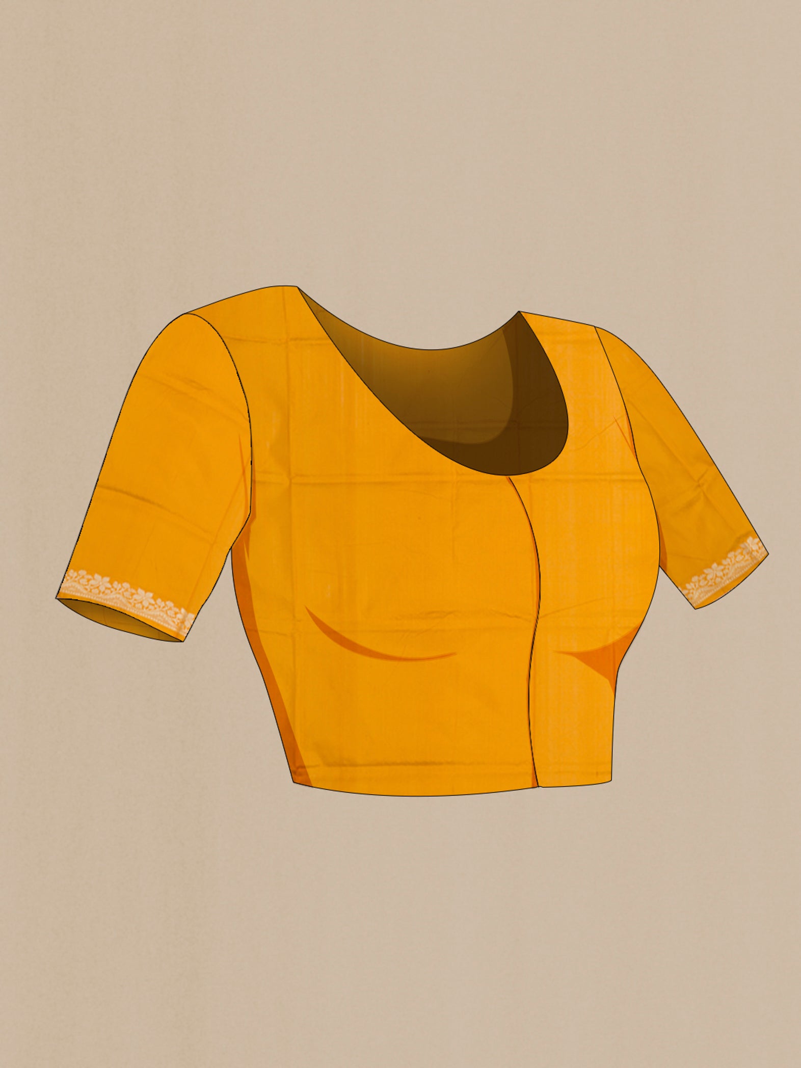 Close up image of the blouse of Yellow Banarasi Katan Silk Saree with Thread Butta on the body and Thread Border. 