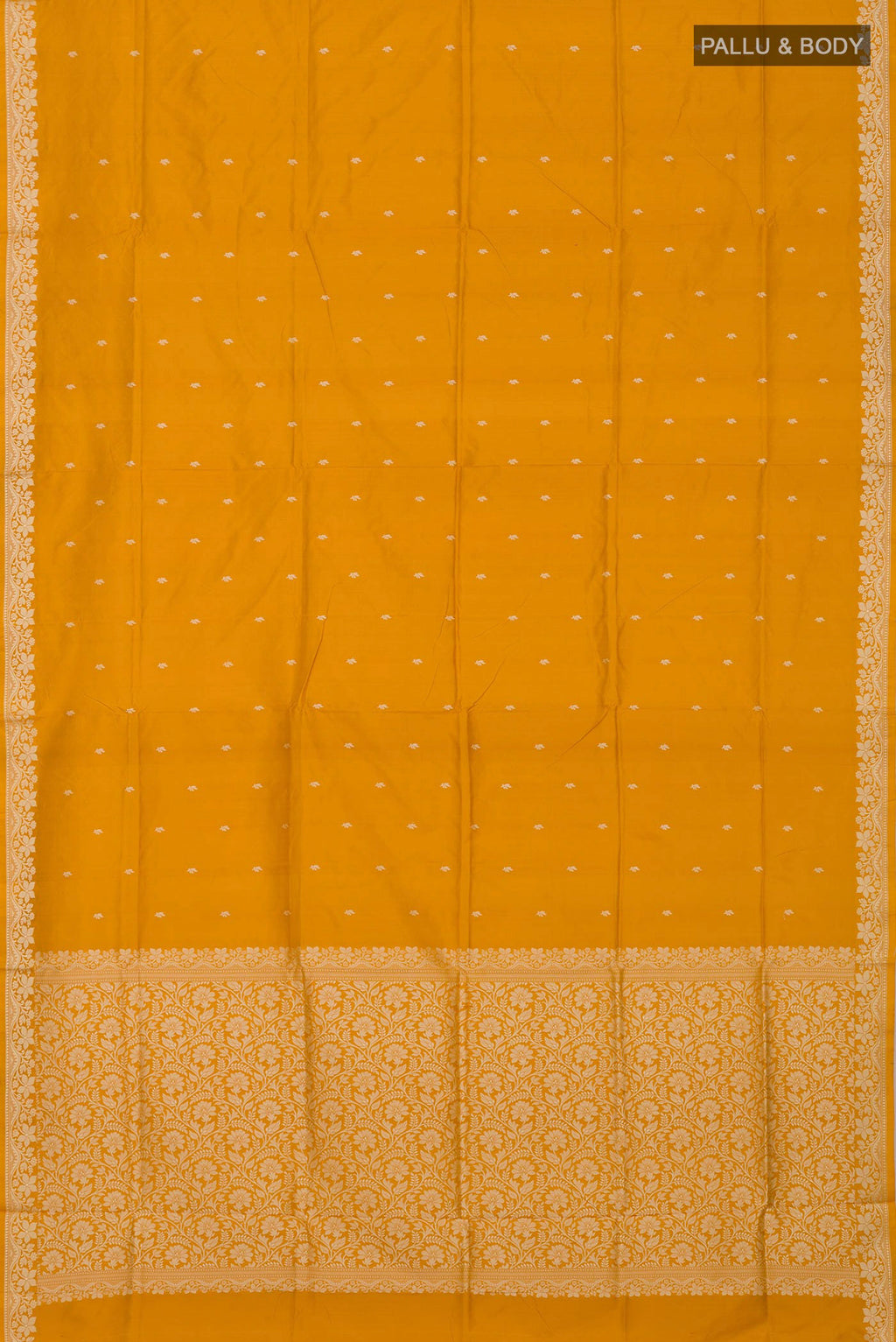 Flat view of Yellow Banarasi Katan Silk Saree with Thread Butta on the body and Thread Border. 