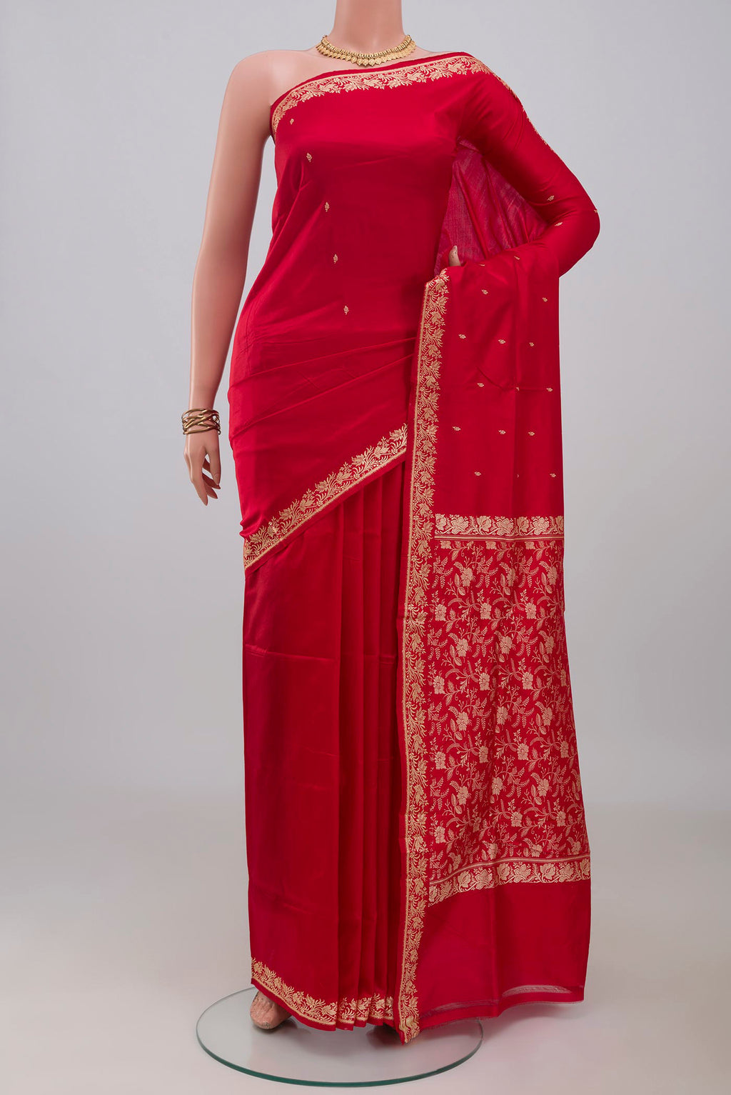 Red Banarasi Katan Silk Saree with Thread Butta on the body and Thread Border.  displayed on a mannequin