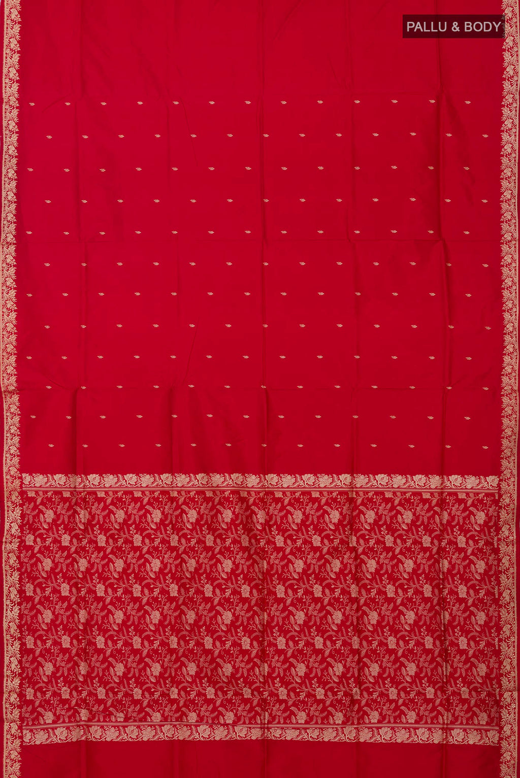 Flat view of Red Banarasi Katan Silk Saree with Thread Butta on the body and Thread Border. 