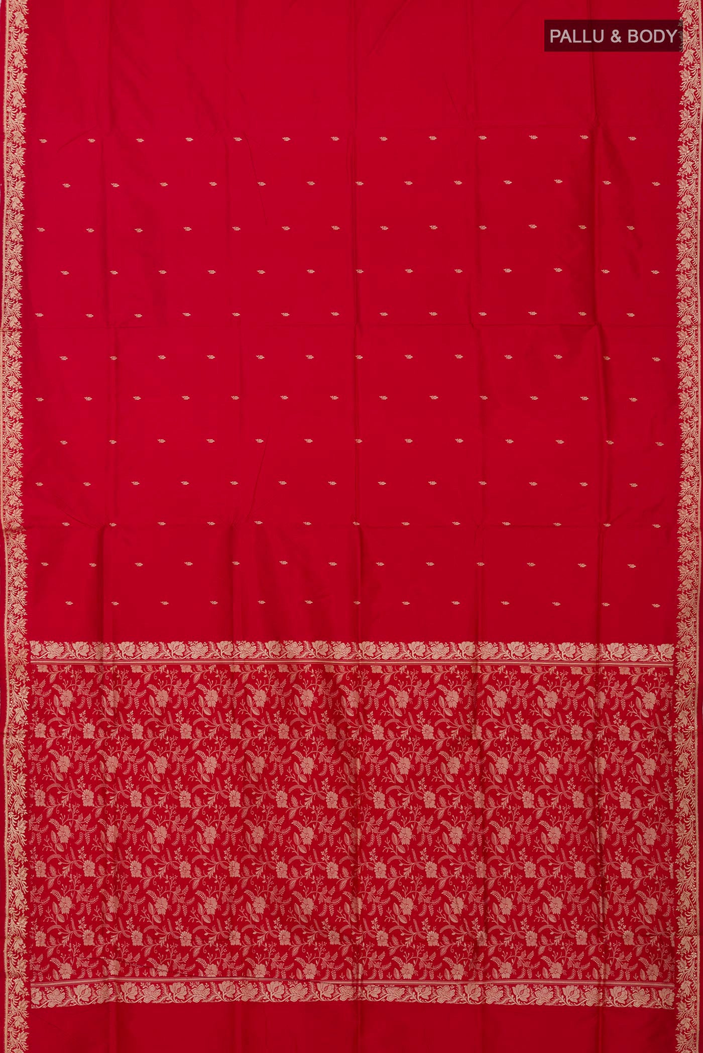 Flat view of Red Banarasi Katan Silk Saree with Thread Butta on the body and Thread Border. 