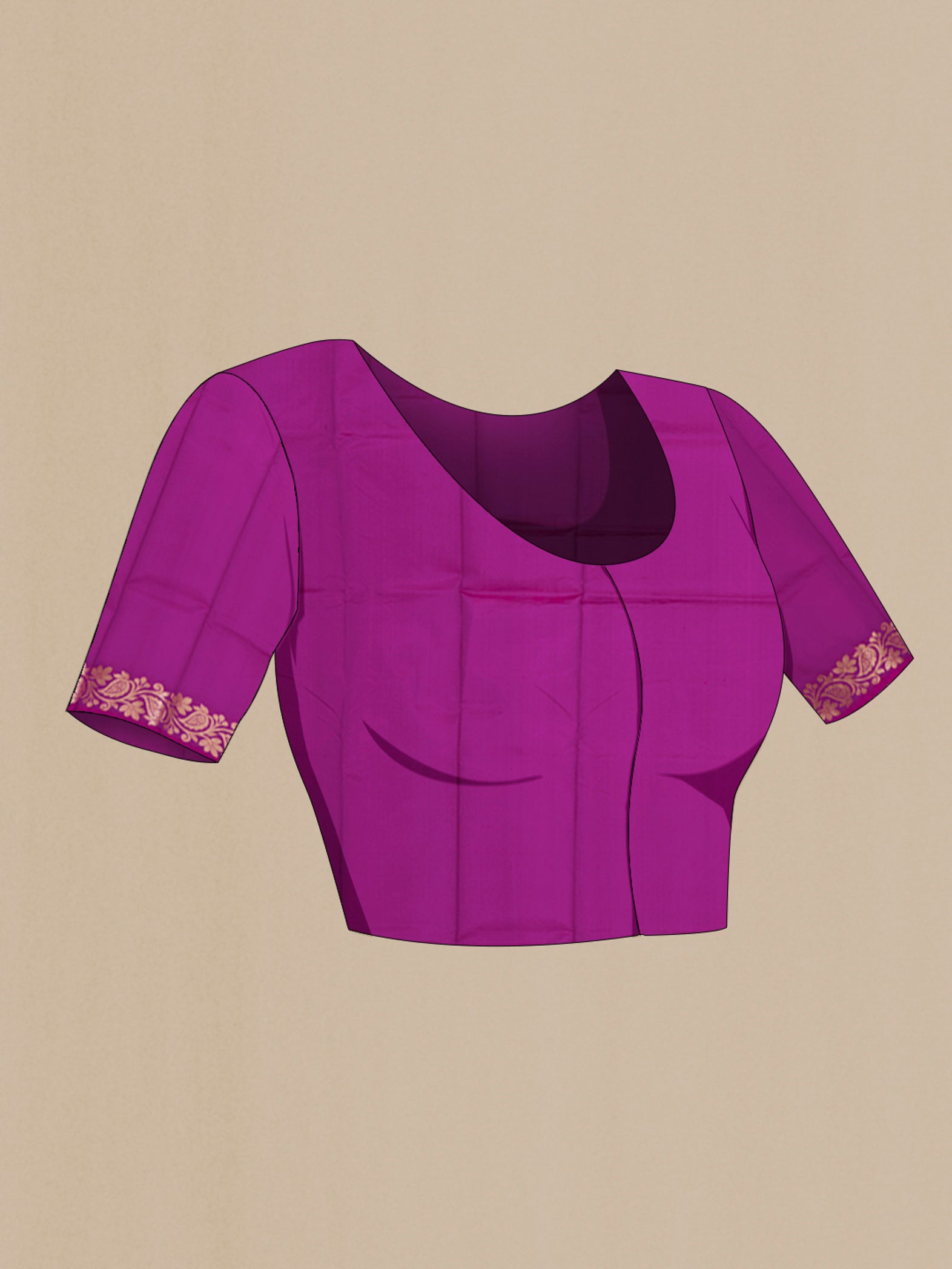 Close up image of the blouse of Purple Banarasi Katan Silk Saree with Zari Butta on the body and Fancy Border. 