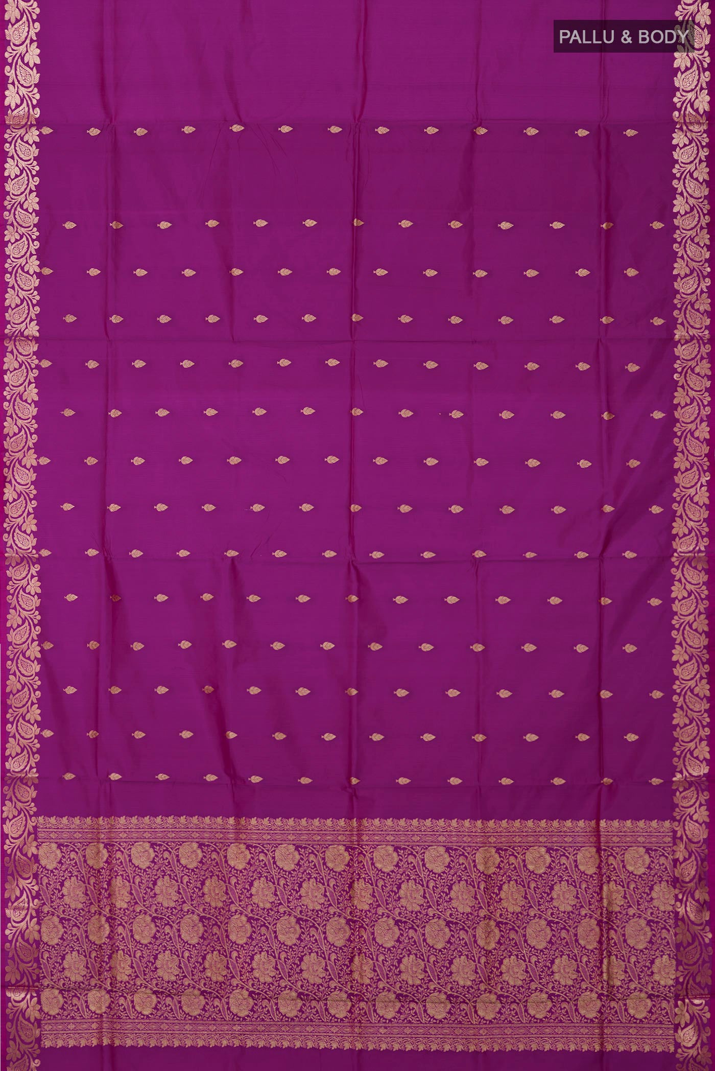 Flat view of Purple Banarasi Katan Silk Saree with Zari Butta on the body and Fancy Border. 