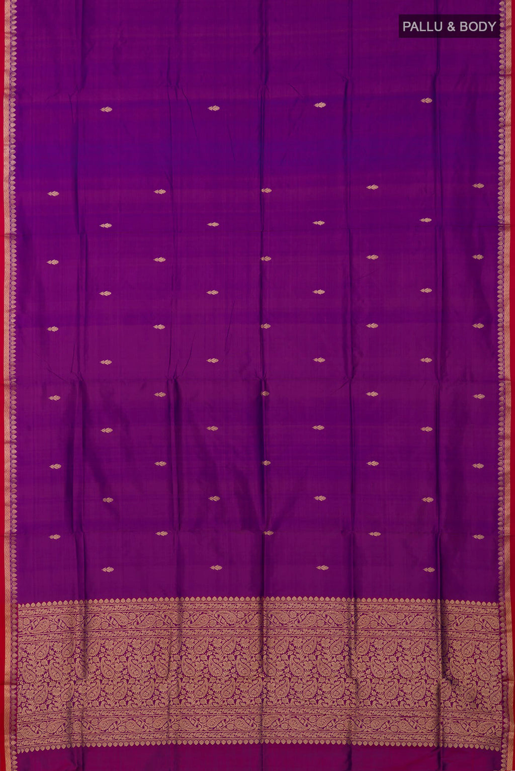 Flat view of Purple Banarasi Katan Silk Saree with Zari Butta on the body and Thin Zari Line. 