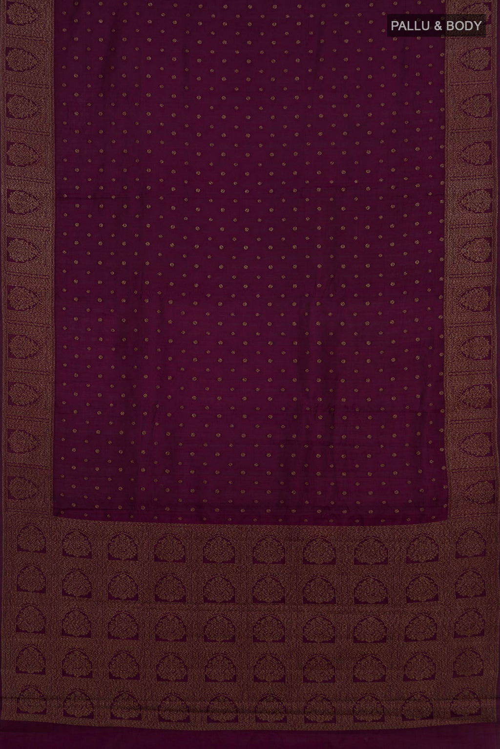 Flat view of Pure Silk Burgundy Tussar Saree with Zari Butta on the body and Zari Border. 