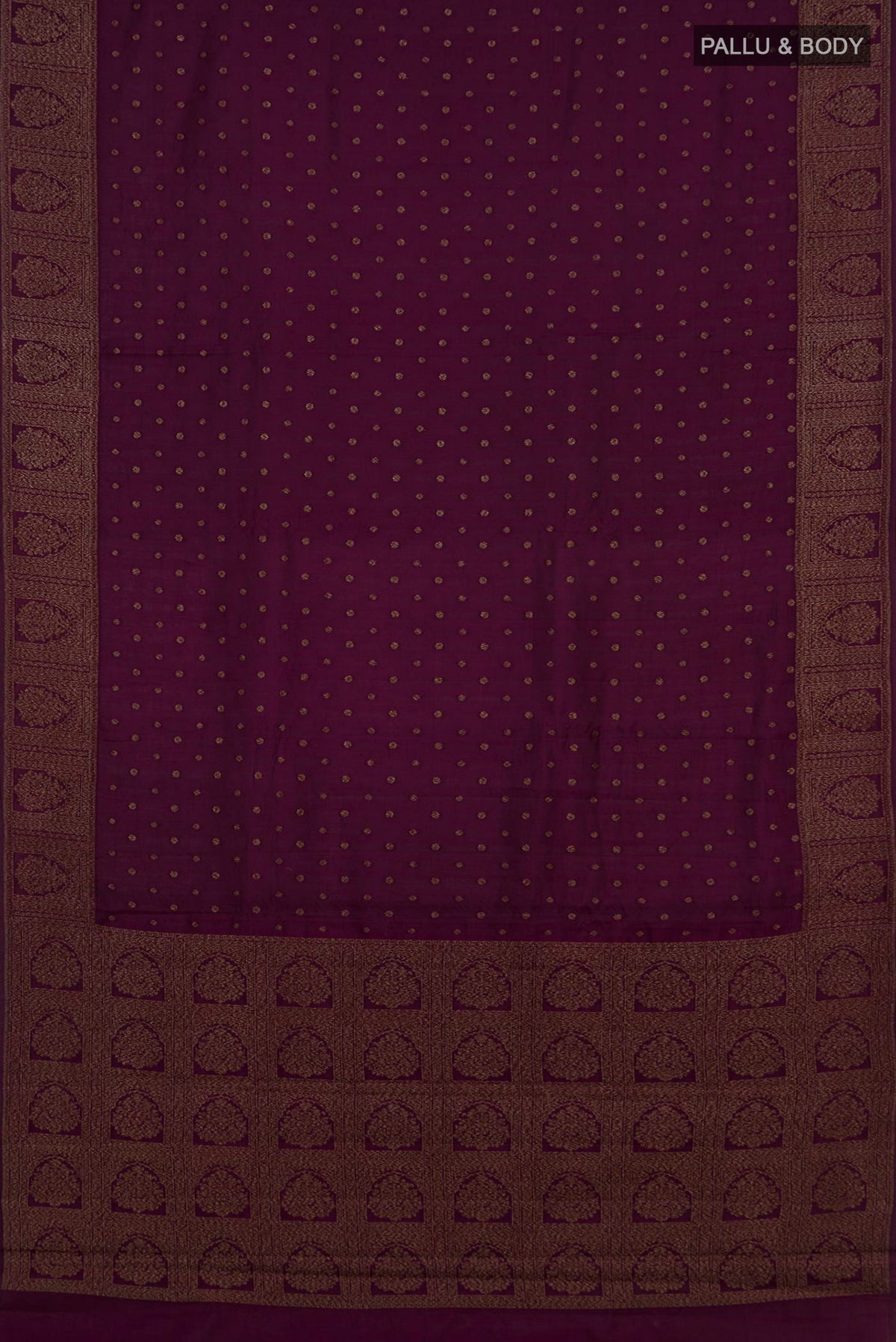 Flat view of Pure Silk Burgundy Tussar Saree with Zari Butta on the body and Zari Border. 