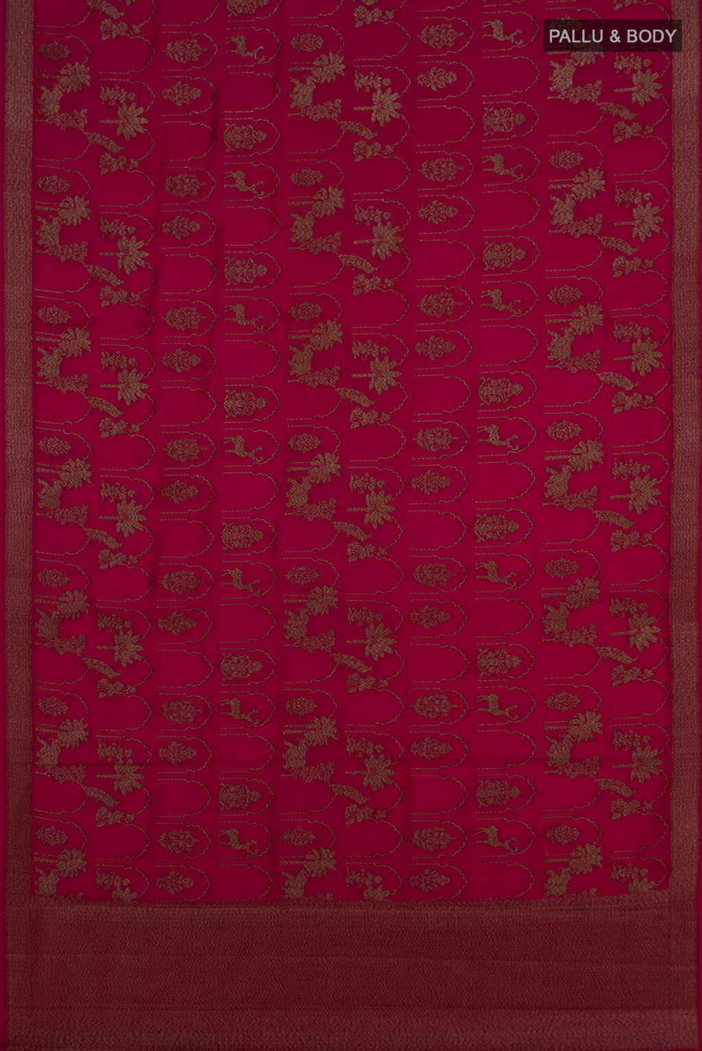 Flat view of Pure Silk Dark Pink Tussar Saree with Zari Brocade on the body and Zari Border. 