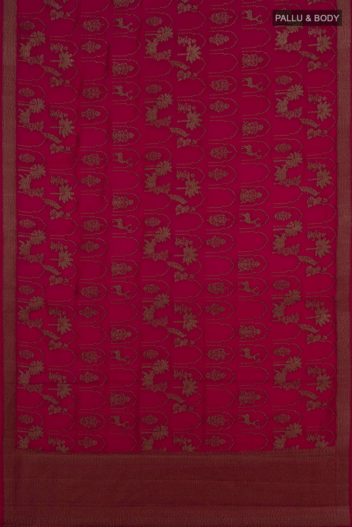 Flat view of Pure Silk Dark Pink Tussar Saree with Zari Brocade on the body and Zari Border. 