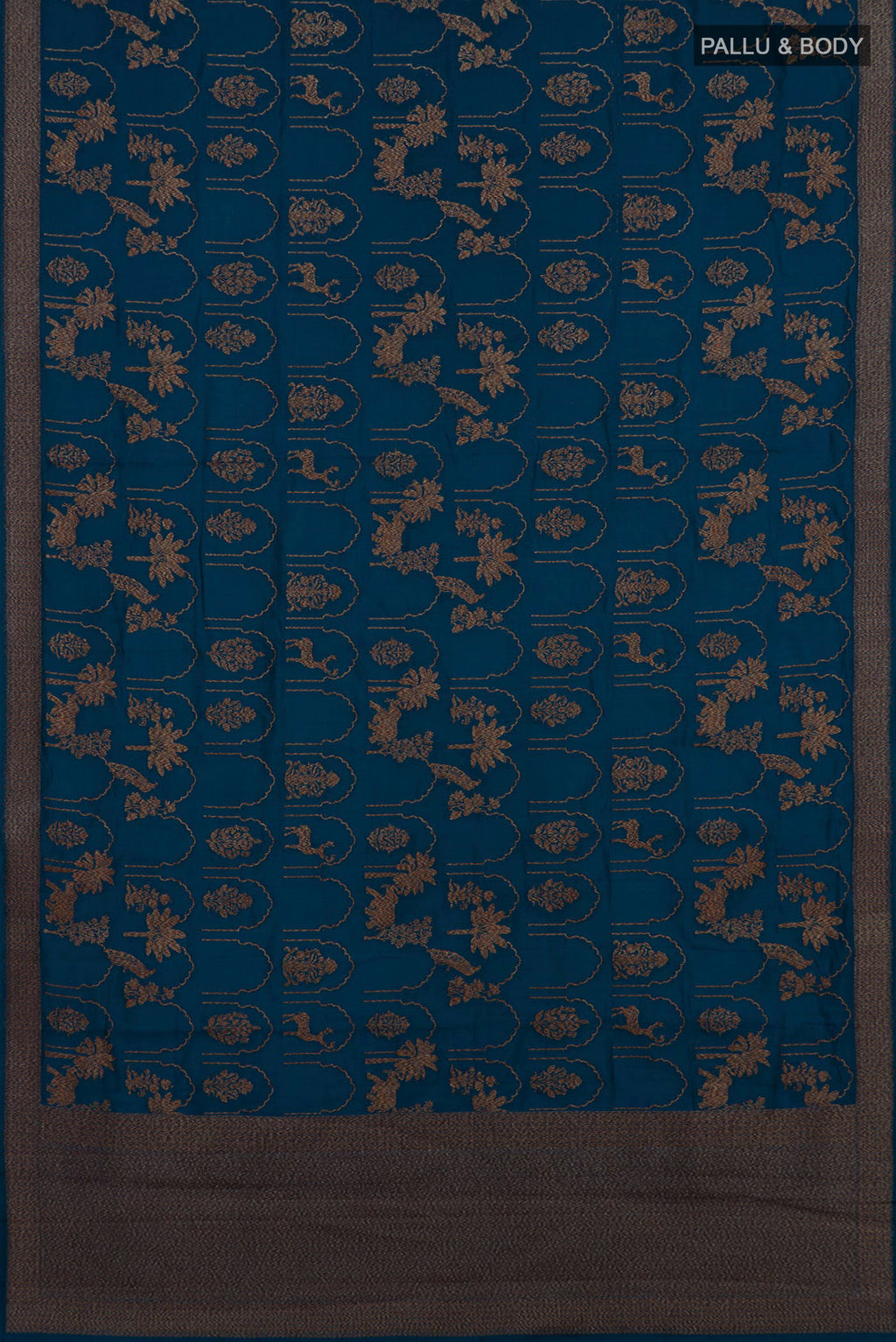 Flat view of Pure Silk Blue Tussar Saree with Zari Brocade on the body and Fancy Border. 