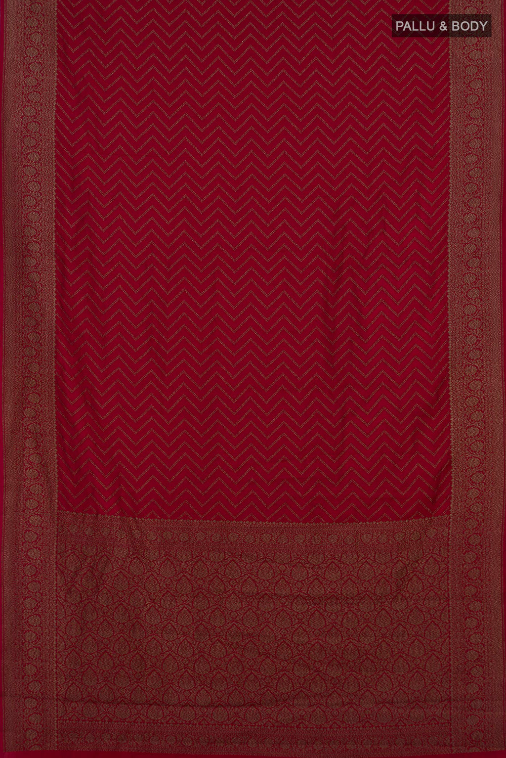 Flat view of Pure Silk Maroon Banarasi Raw Saree with Zig Zag design on the body and Zari Border. 