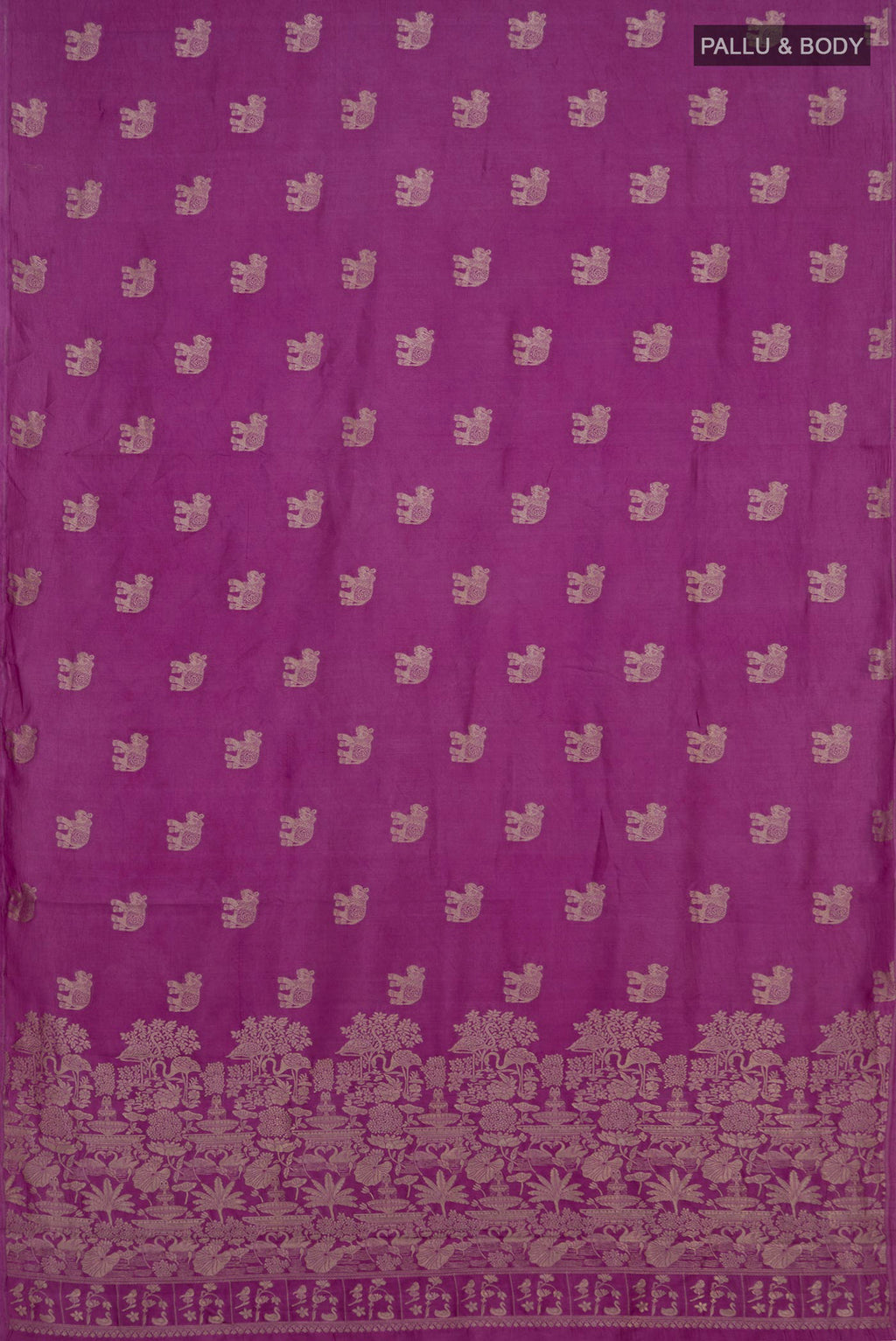 Flat view of Purple Tussar Saree with Zari Butta on the body and Without Border. 