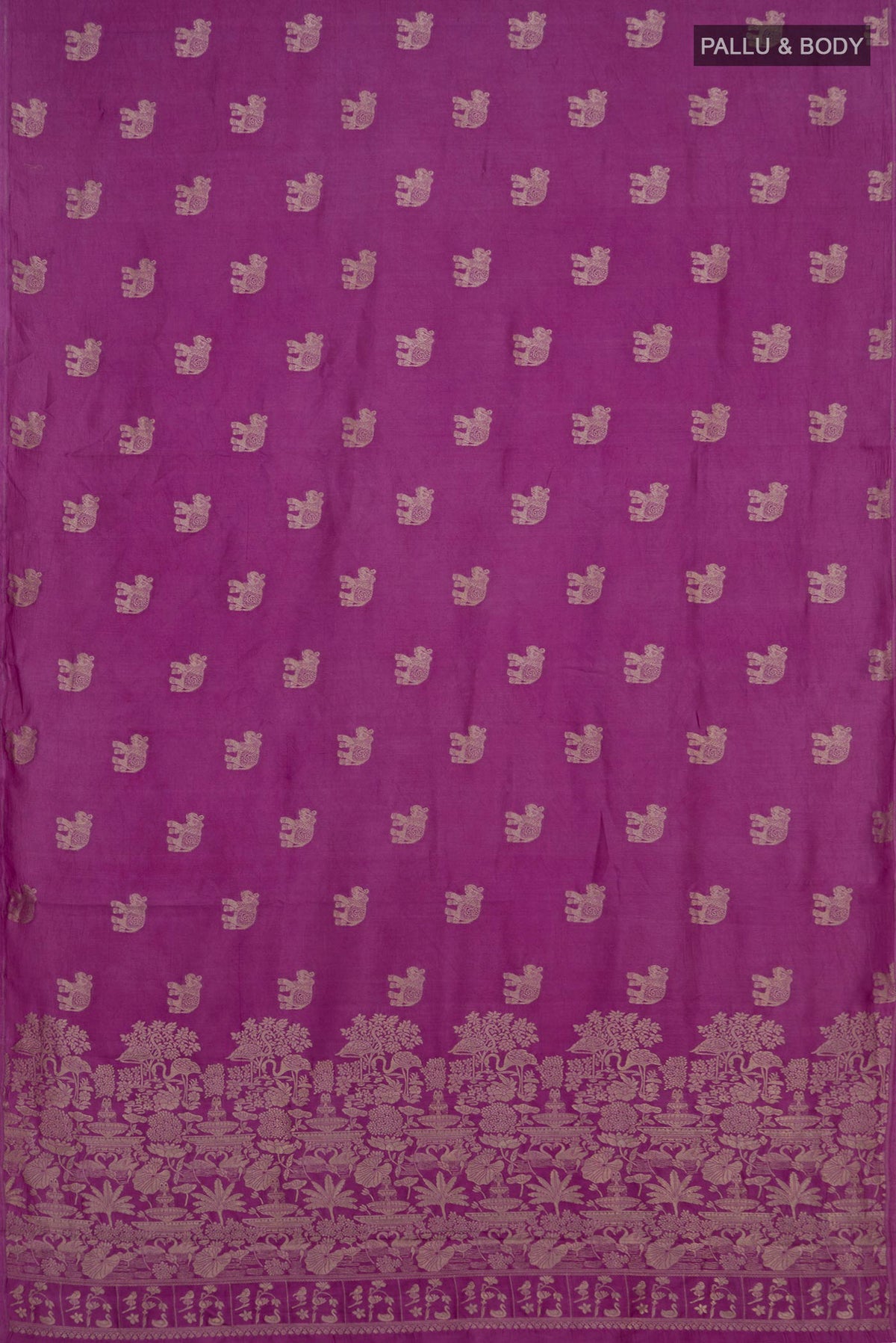 Flat view of Purple Tussar Saree with Zari Butta on the body and Without Border. 