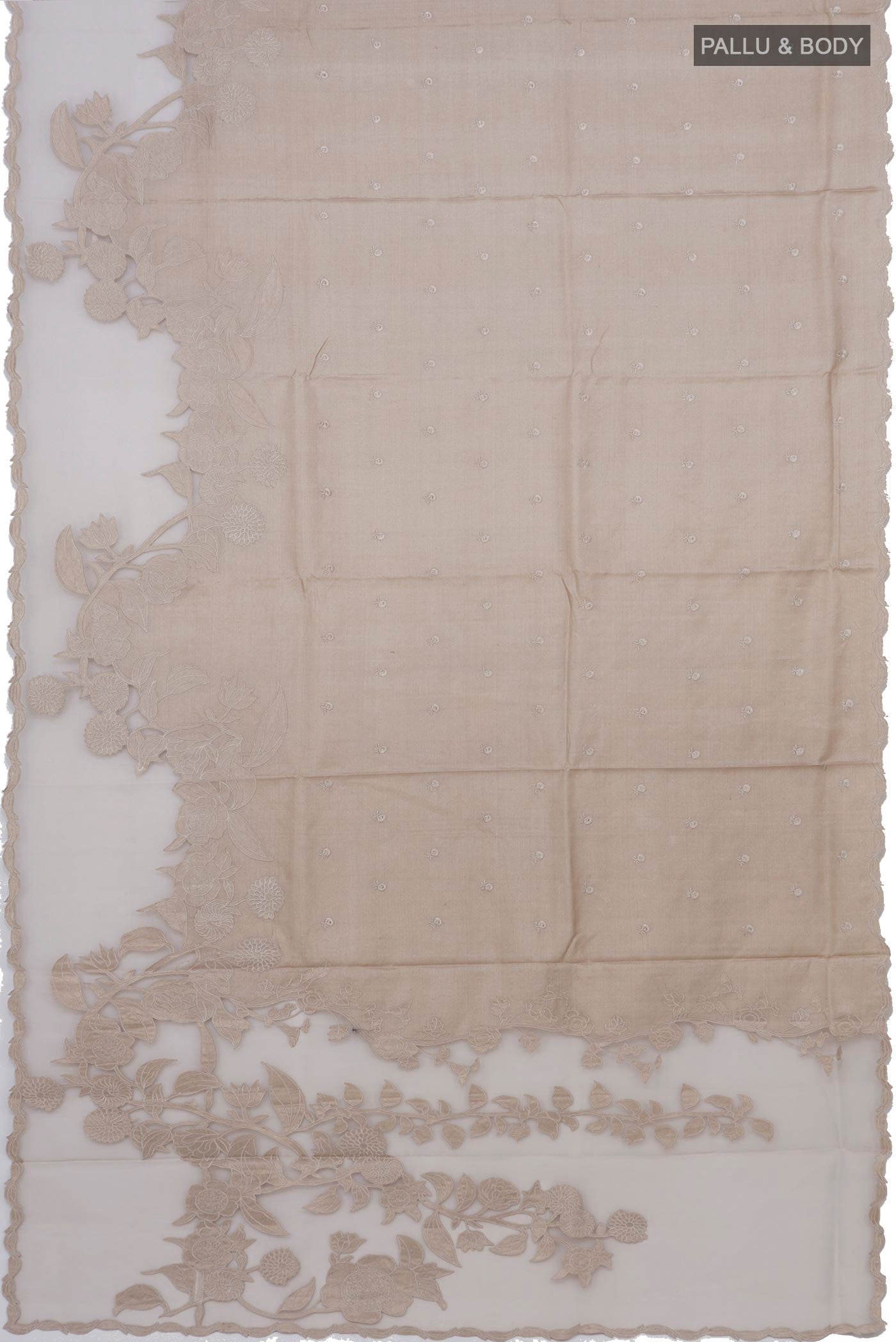 Flat view of Beige Tussar Silk Saree with Embroidery on the body and Embroidery Border. 