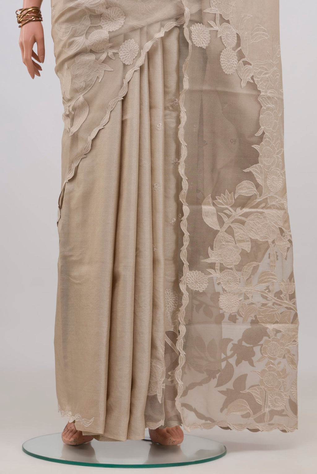 Pleats and pallu of Beige Tussar Silk Saree with Embroidery on the body and Embroidery Border. 
