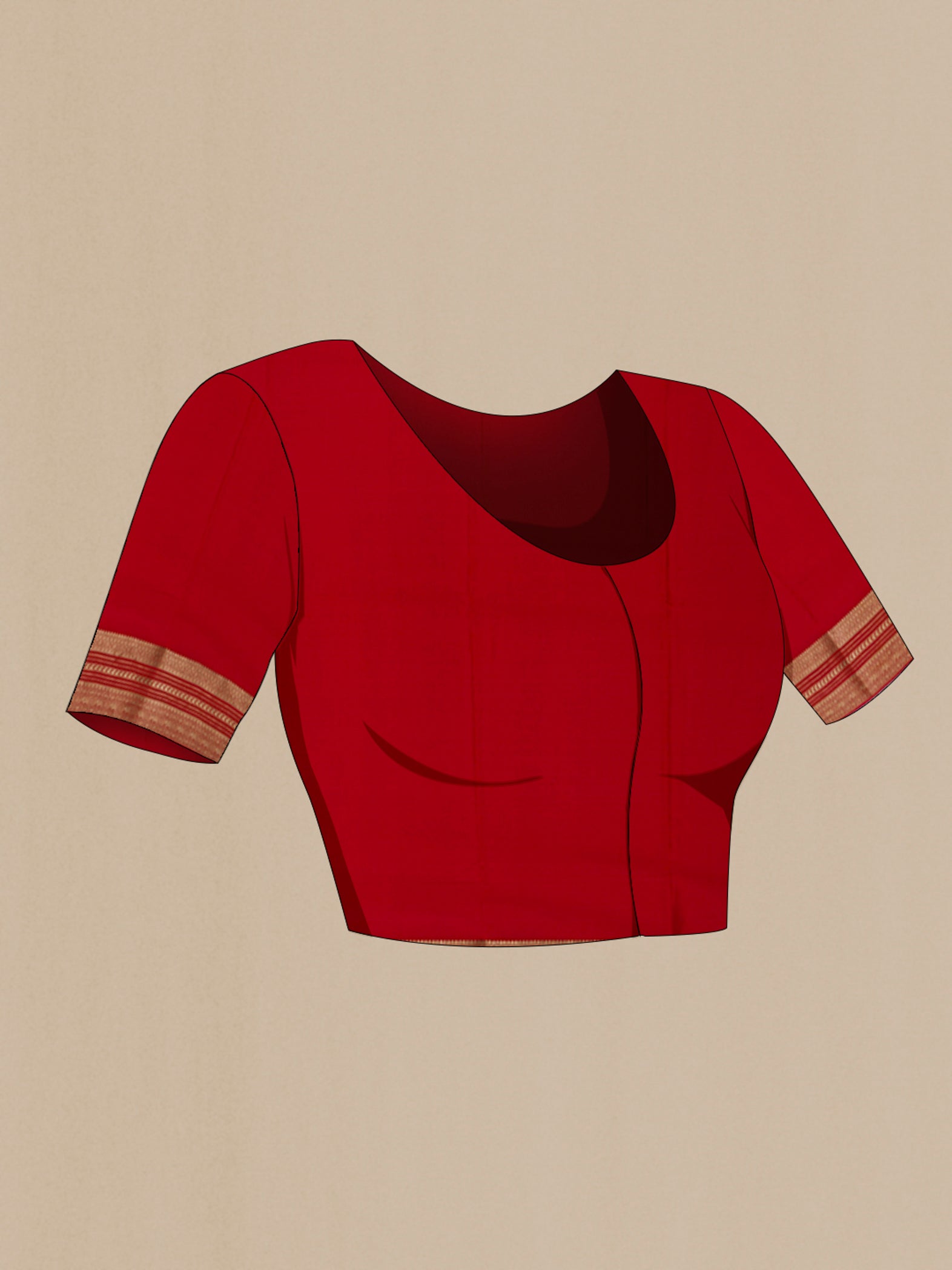 Close up image of the blouse of Red Mysore Crepe Saree with Plain Body and Zari Border. 