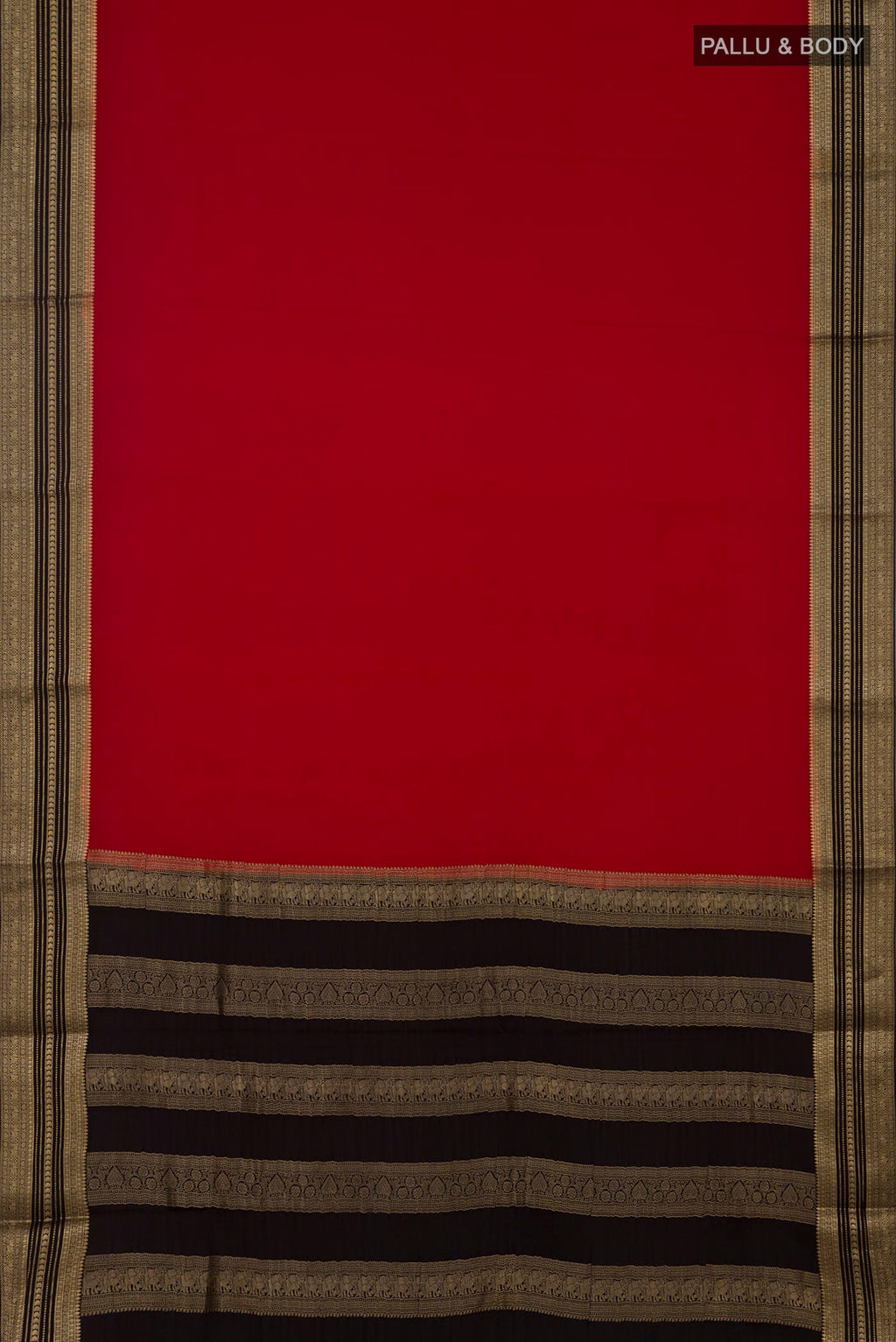 Flat view of Red Mysore Crepe Saree with Plain Body and Zari Border. 