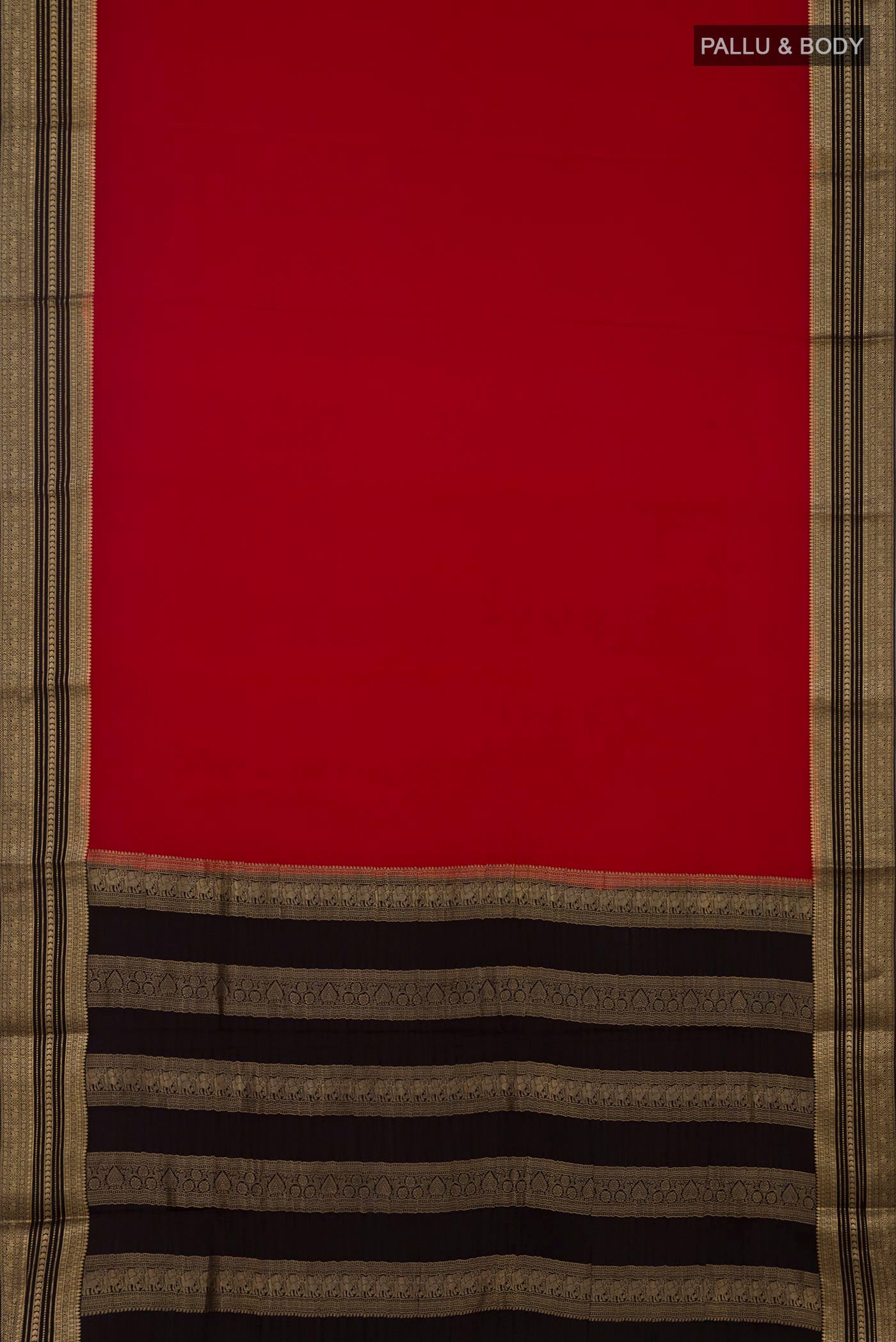 Flat view of Red Mysore Crepe Saree with Plain Body and Zari Border. 