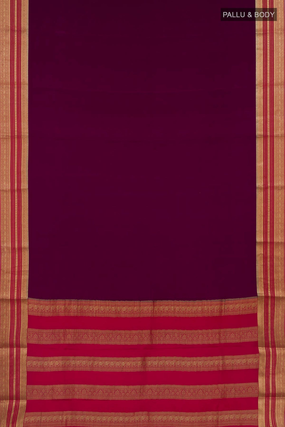 Flat view of Purple Mysore Crepe Saree with Plain Body and Zari Border. 