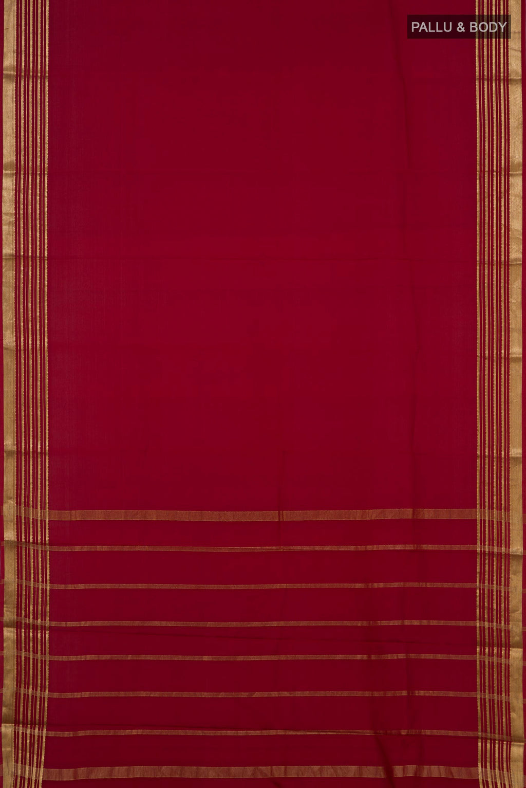 Flat view of Maroon Mysore Crepe Saree with Plain Body and Zari Border. 