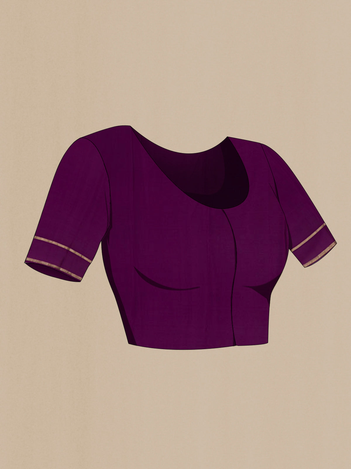 Close up image of the blouse of Magenta Mysore Crepe Saree with Plain Body and Zari Border. 