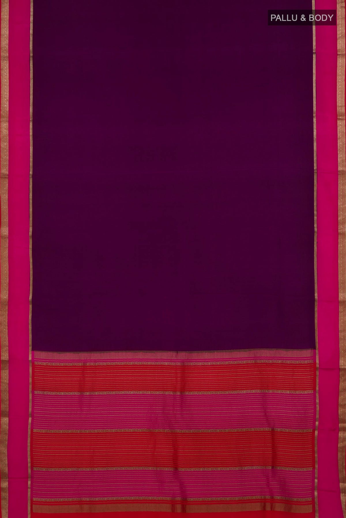 Flat view of Magenta Mysore Crepe Saree with Plain Body and Zari Border. 