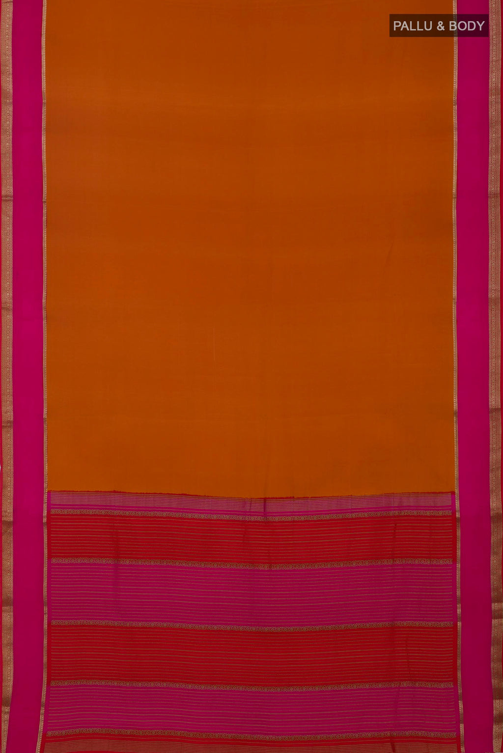 Flat view of Mustard Mysore Crepe Saree with Plain Body and Zari Border. 