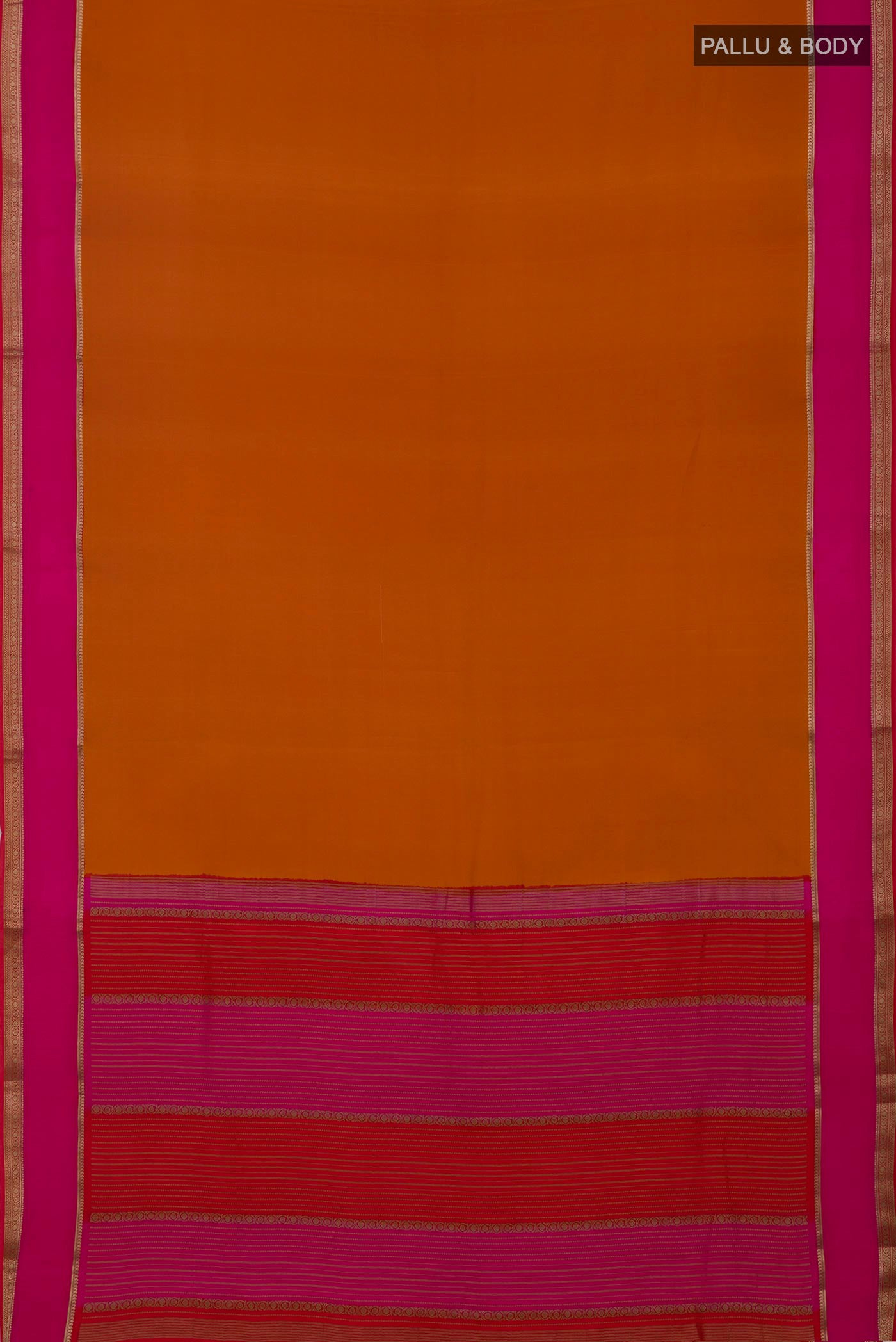 Flat view of Mustard Mysore Crepe Saree with Plain Body and Zari Border. 