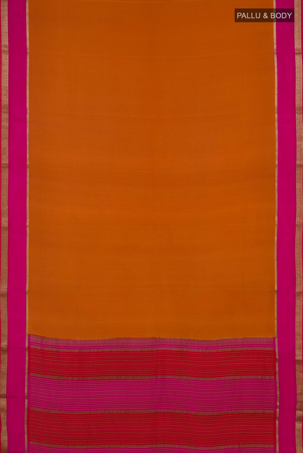 Flat view of Orange Mysore Crepe Saree with Plain Body and Zari Border. 
