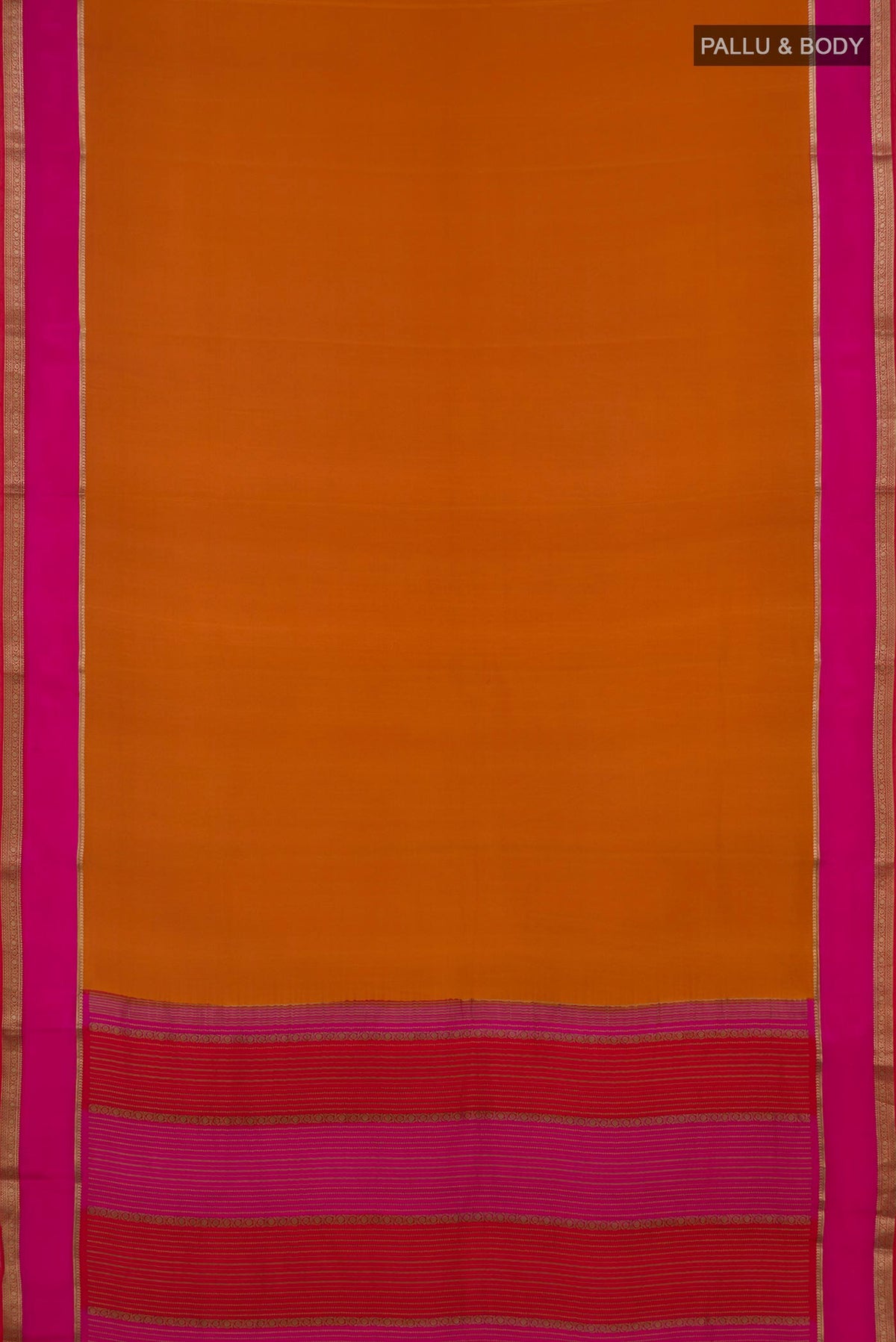 Flat view of Orange Mysore Crepe Saree with Plain Body and Zari Border. 