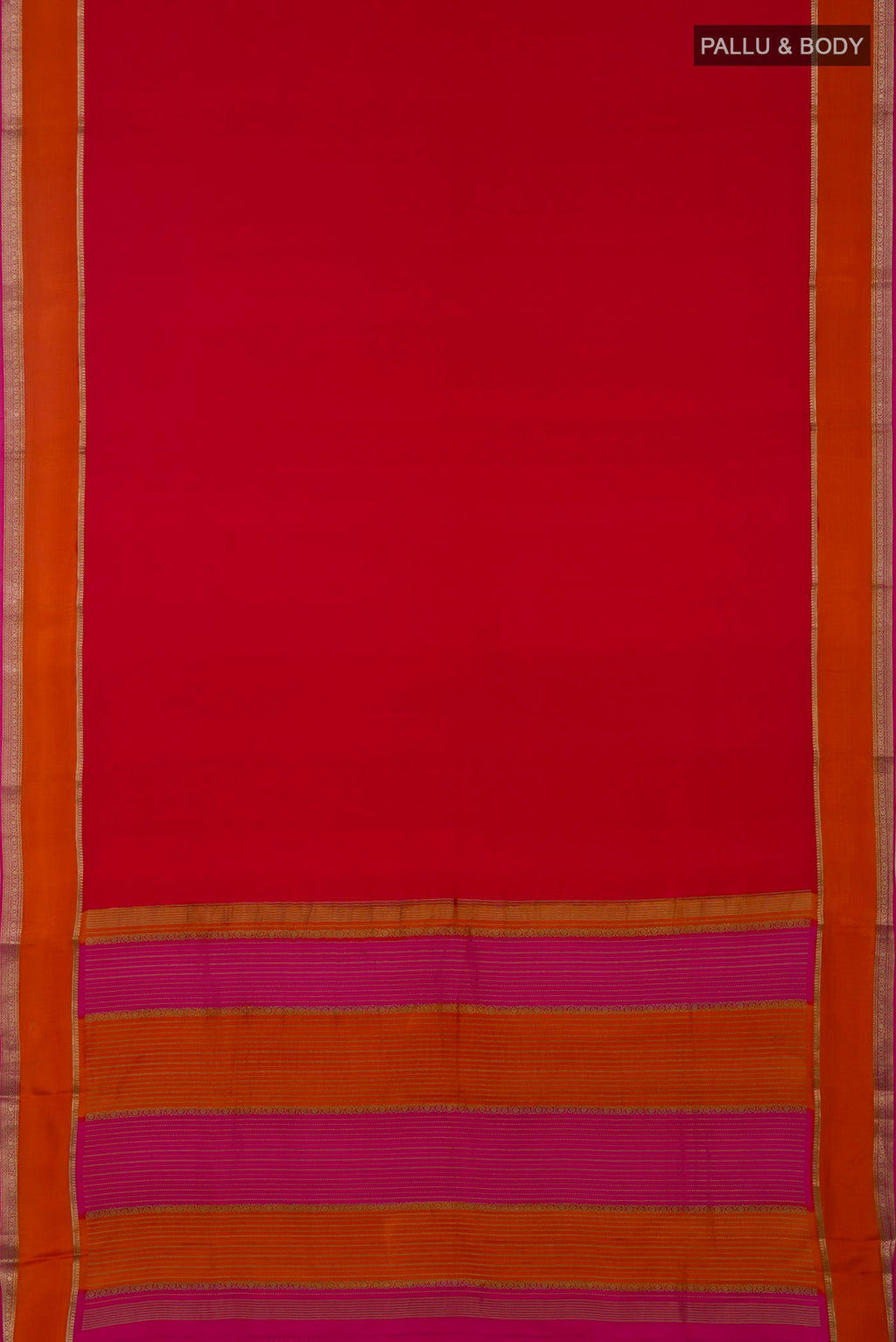 Flat view of Pink Mysore Crepe Saree with Plain Body and Zari Border. 