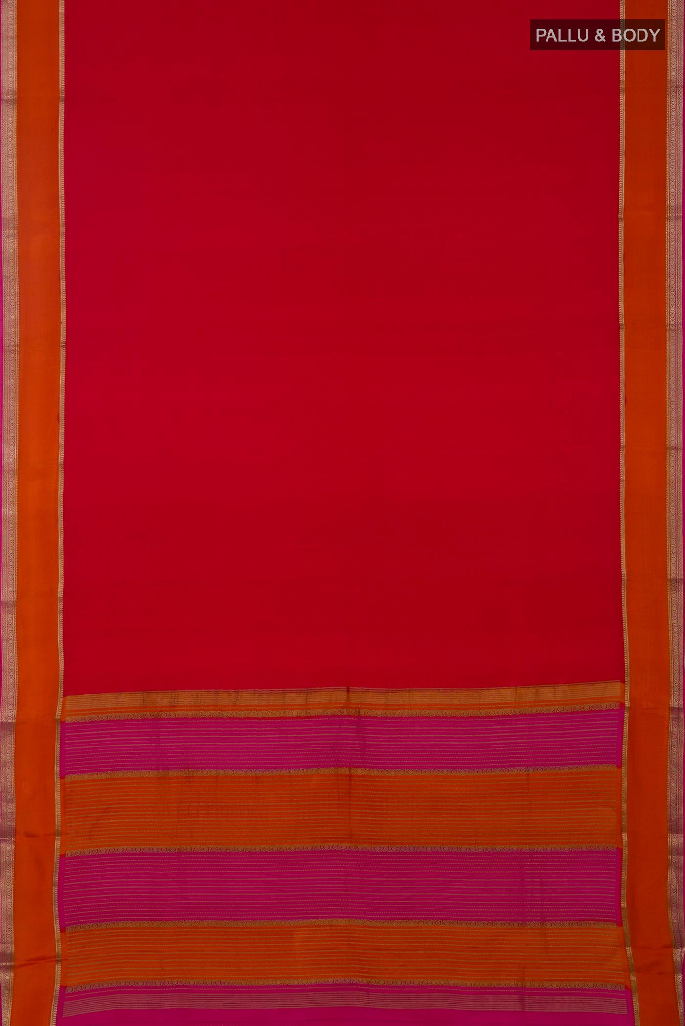 Flat view of Pink Mysore Crepe Saree with Plain Body and Zari Border. 