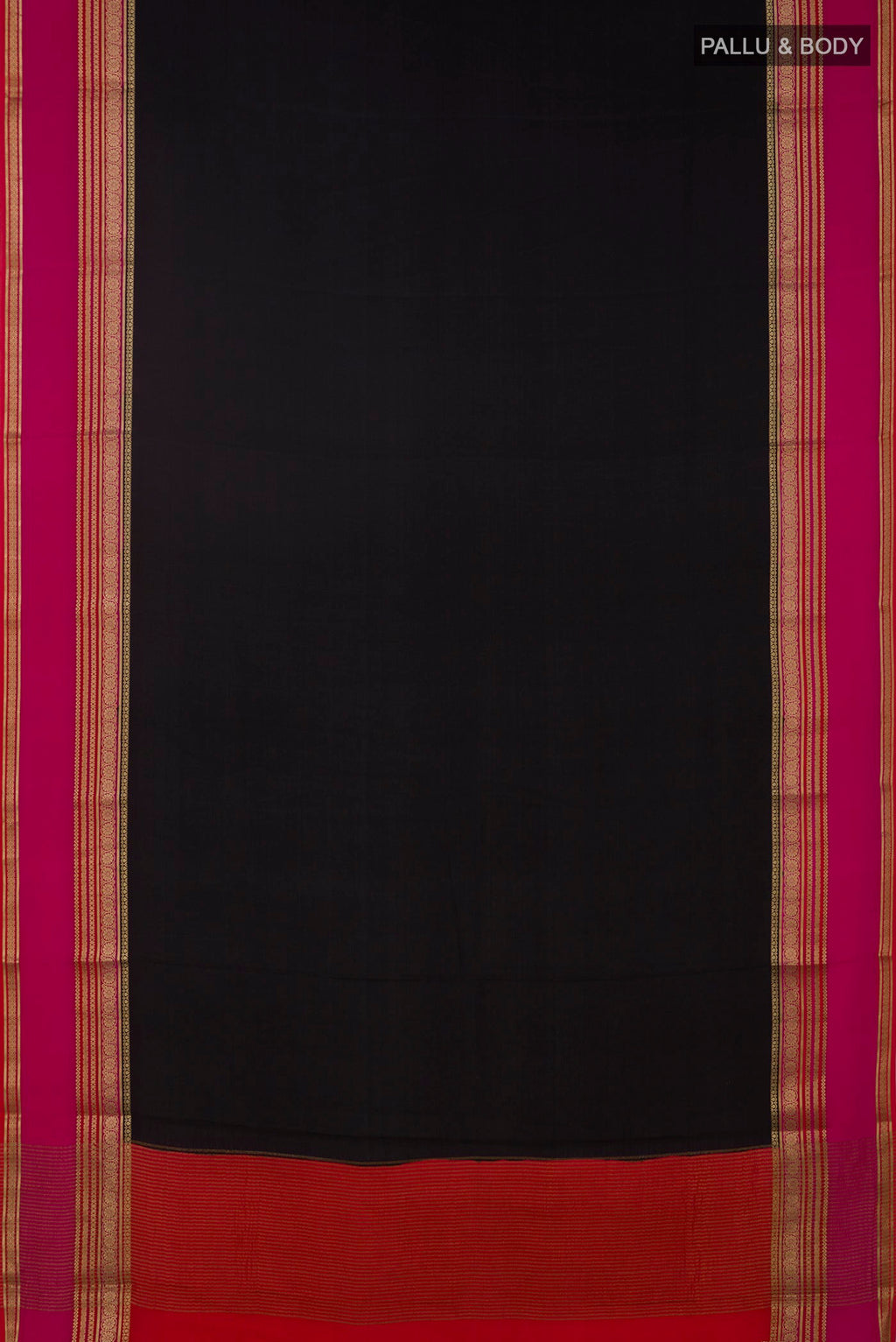 Flat view of Black Mysore Crepe Saree with Plain Body and Zari Border. 