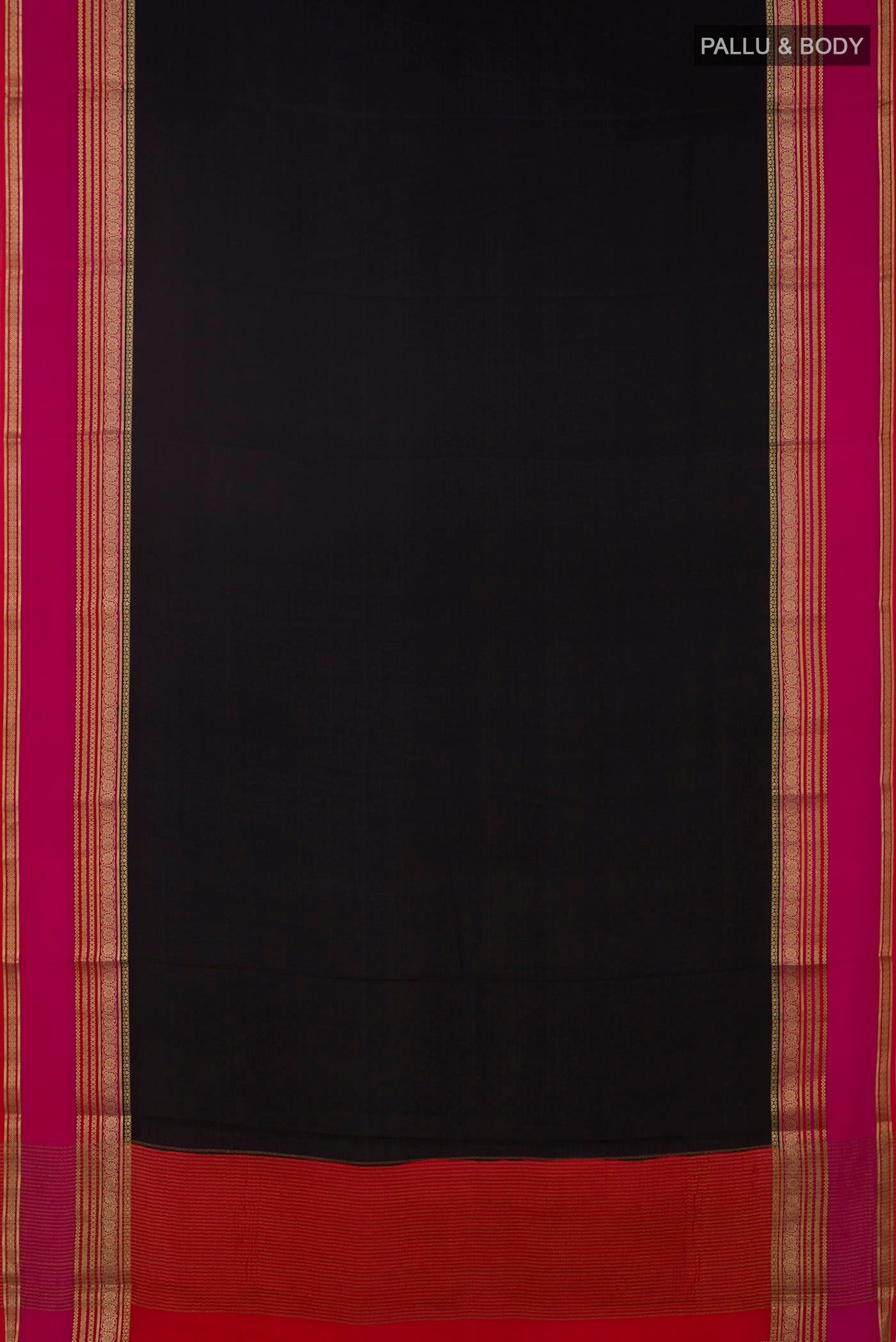 Flat view of Black Mysore Crepe Saree with Plain Body and Zari Border. 