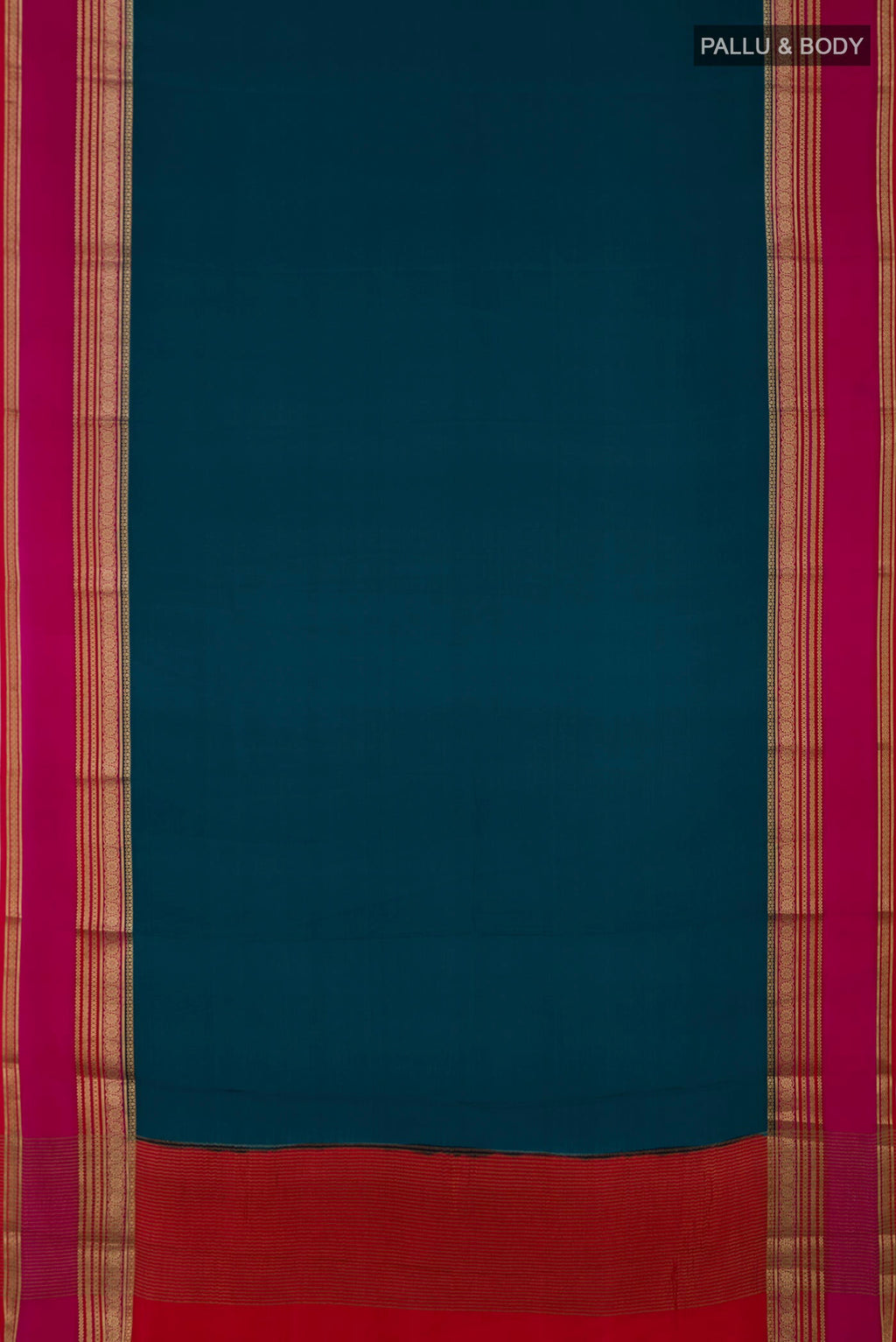 Flat view of Blue Mysore Crepe Saree with Plain Body and Zari Border. 