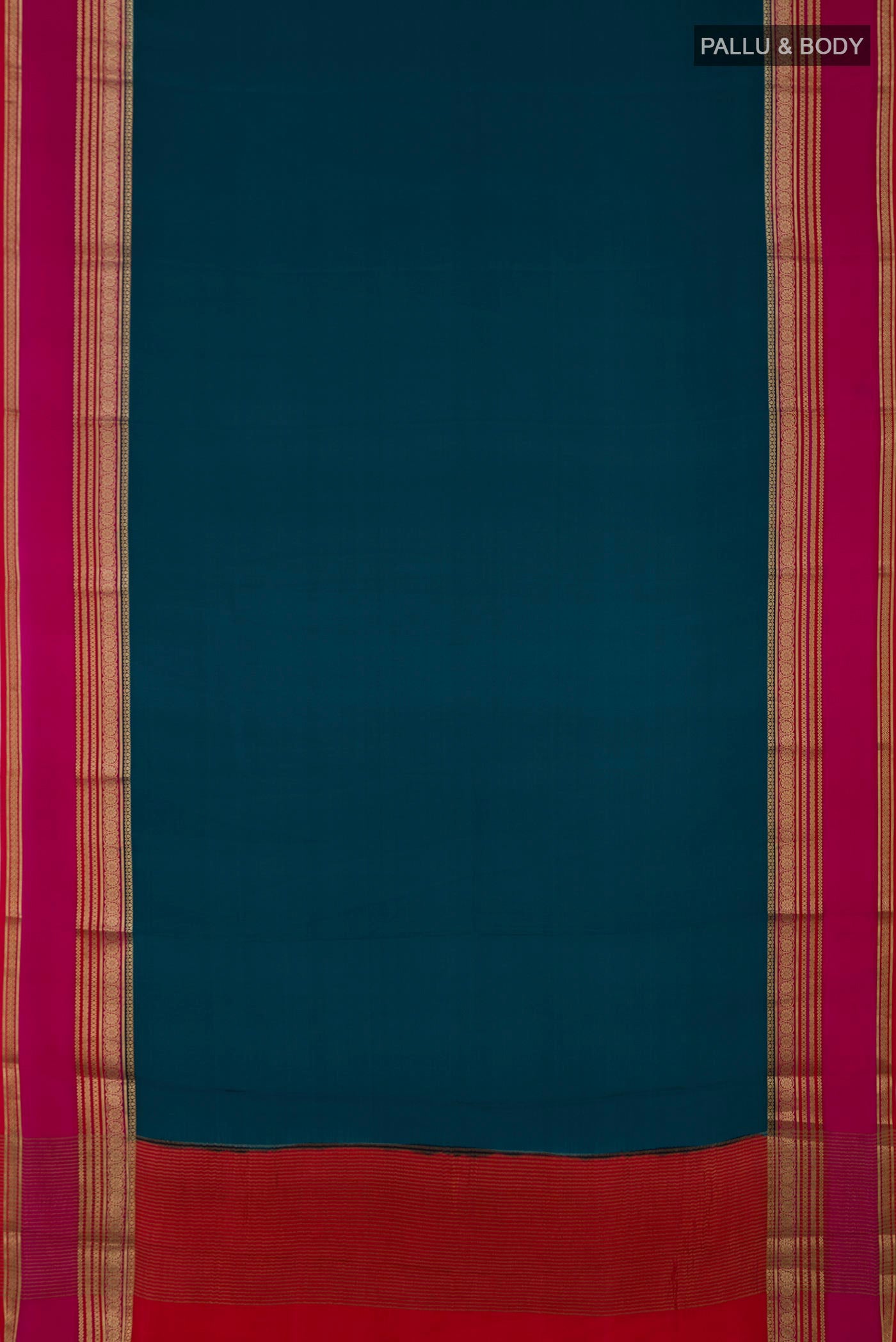 Flat view of Blue Mysore Crepe Saree with Plain Body and Zari Border. 