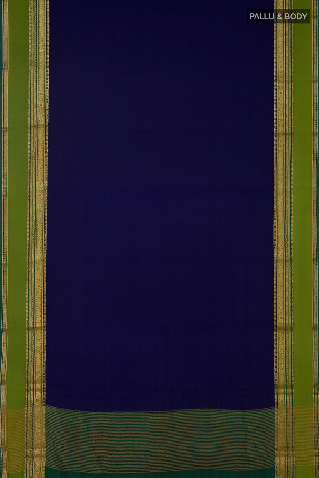 Flat view of Navy Blue Mysore Crepe Saree with Plain Body and Zari Border. 