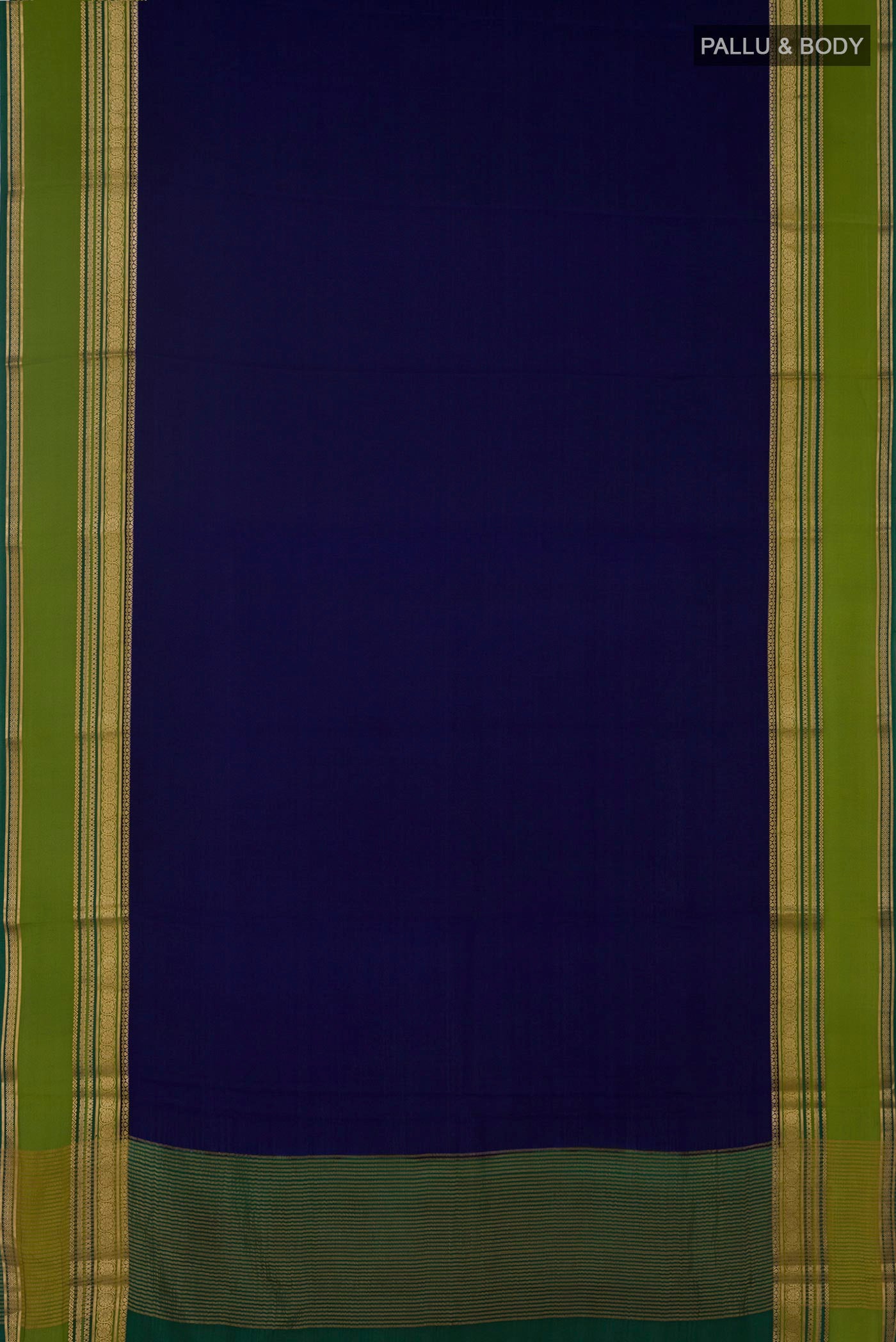 Flat view of Navy Blue Mysore Crepe Saree with Plain Body and Zari Border. 