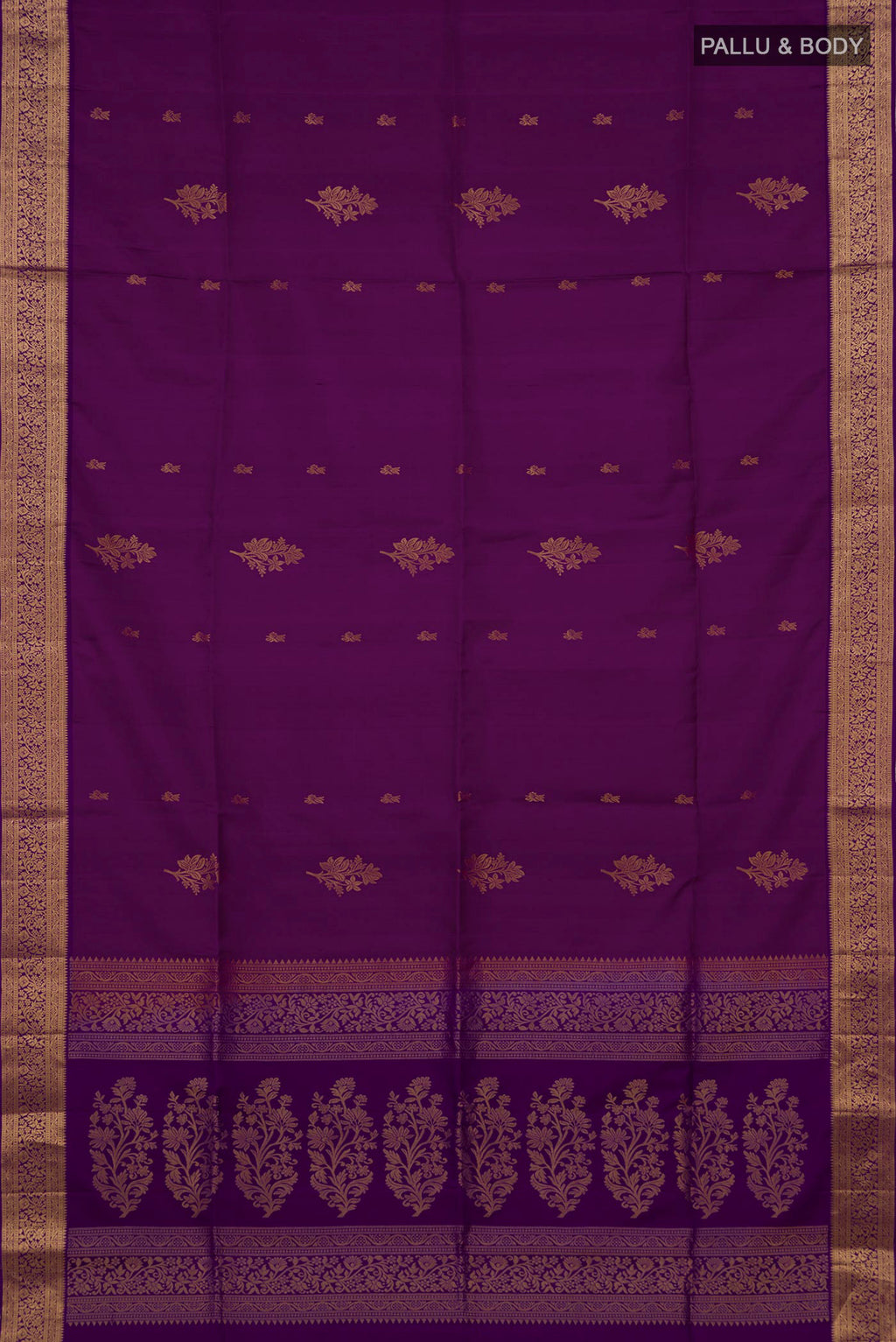 Flat view of Violet Soft Silk Saree with Zari Butta on the body and Zari Border. 