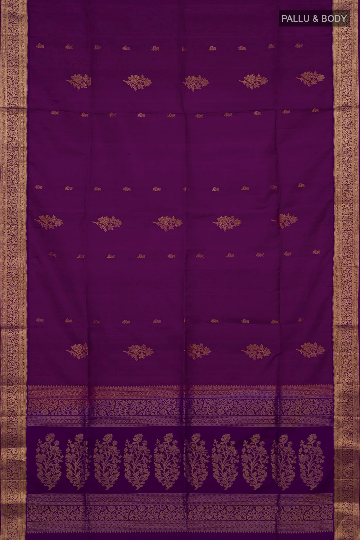 Flat view of Violet Soft Silk Saree with Zari Butta on the body and Zari Border. 