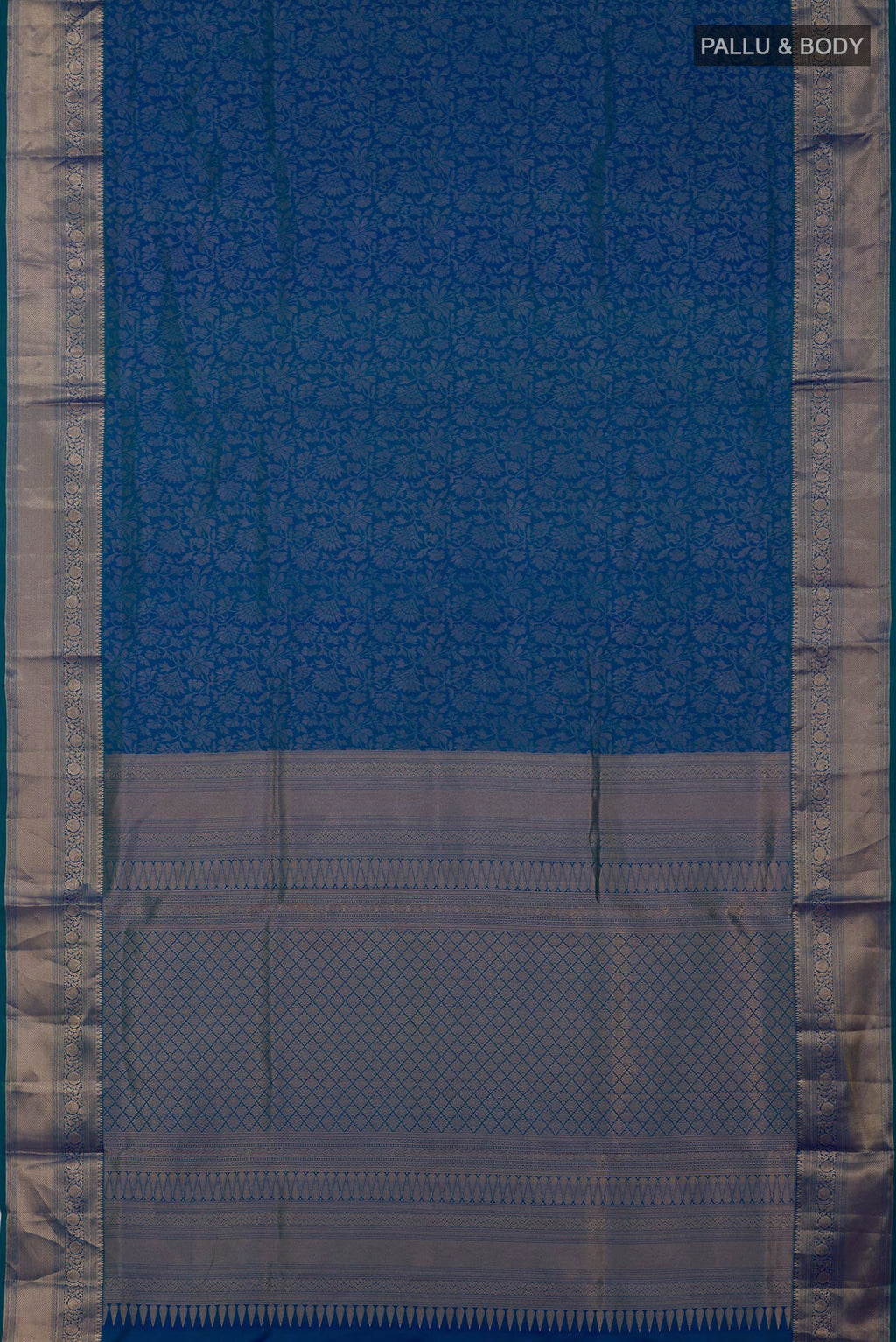 Flat view of Blue Soft Silk Saree with Zari Brocade on the body and Zari Border. 