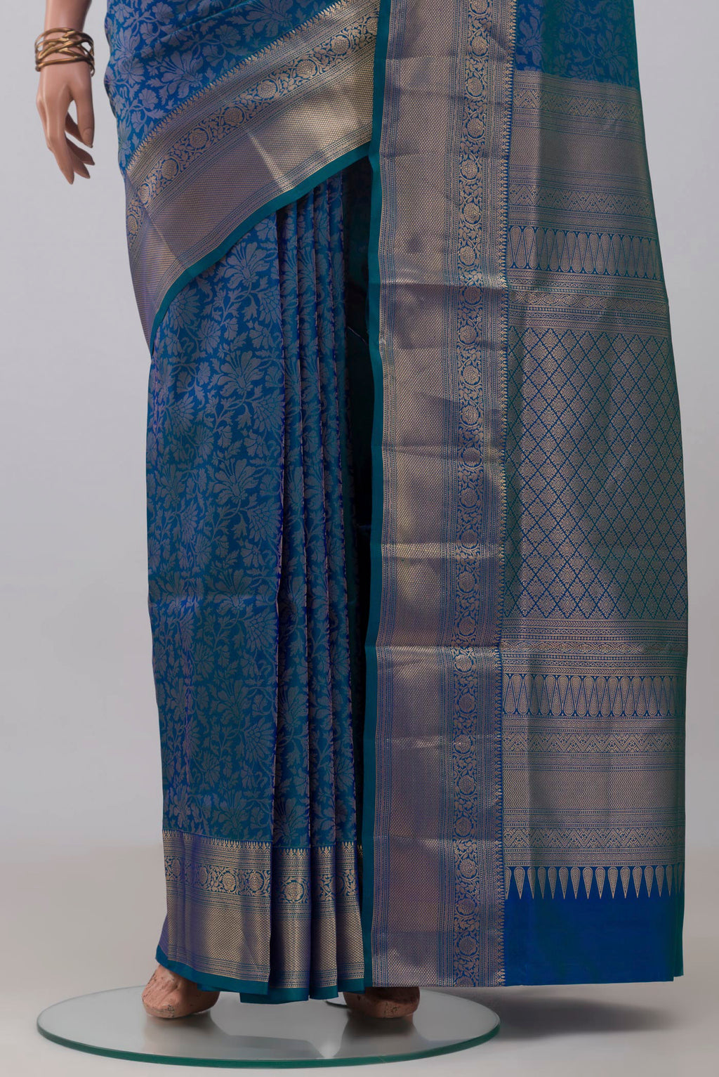 Pleats and pallu of Blue Soft Silk Saree with Zari Brocade on the body and Zari Border. 